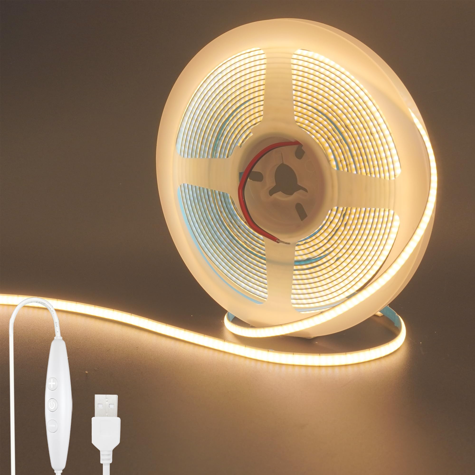 Clearhill 5V 5mm Width USB COB LED Band Lights with Dimmable Switch 16.4FT/5M Warm White 3000K 400LEDs/M 8W/M CRI90 3750lm Electroplated Double-Sided Panel Light Band IP20 for Indoor Decoration
