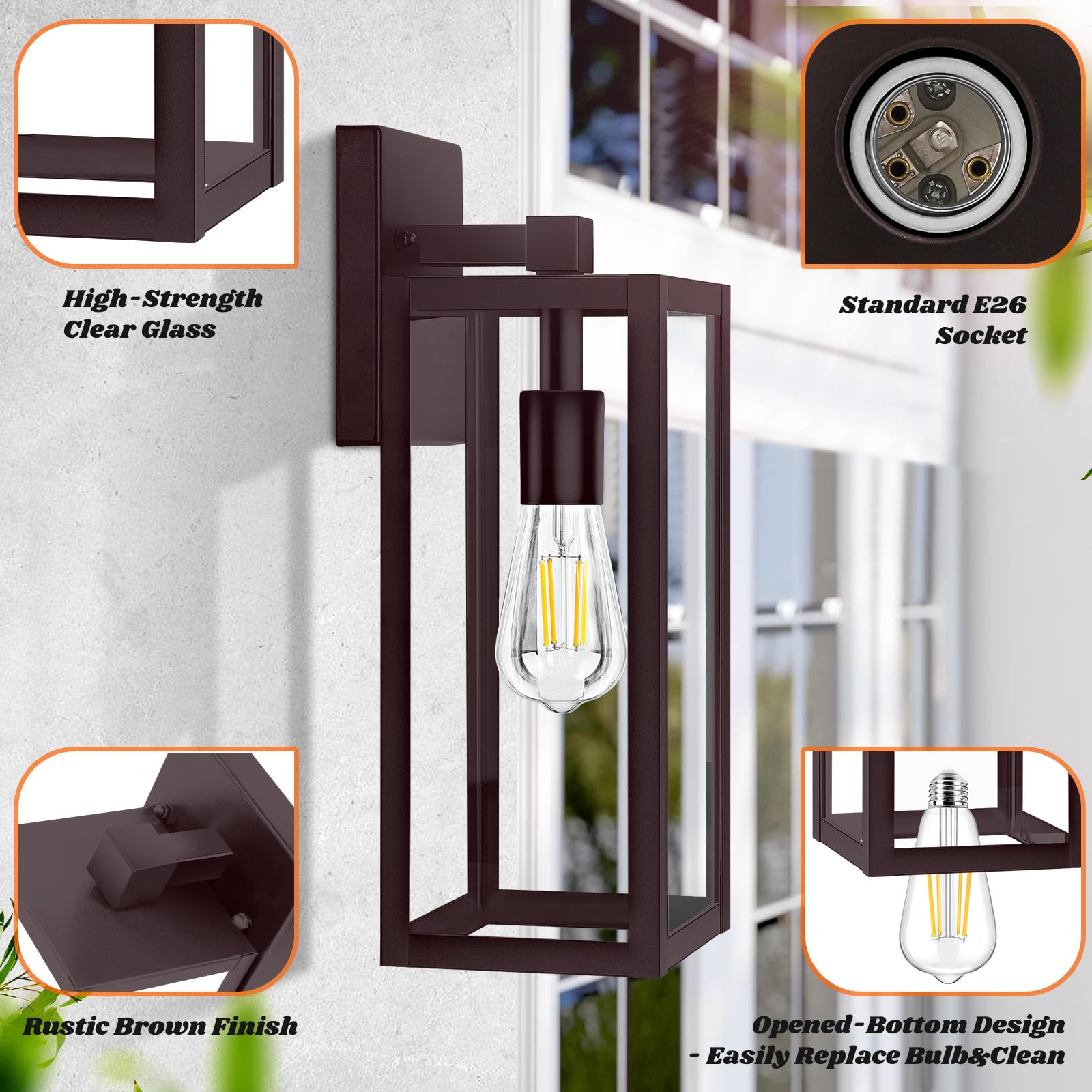 2-Pack Outdoor Wall Light, Waterproof Outdoor Light Fixture, 15'' Brown Outside Lights For House With Clear Glass For House, Por