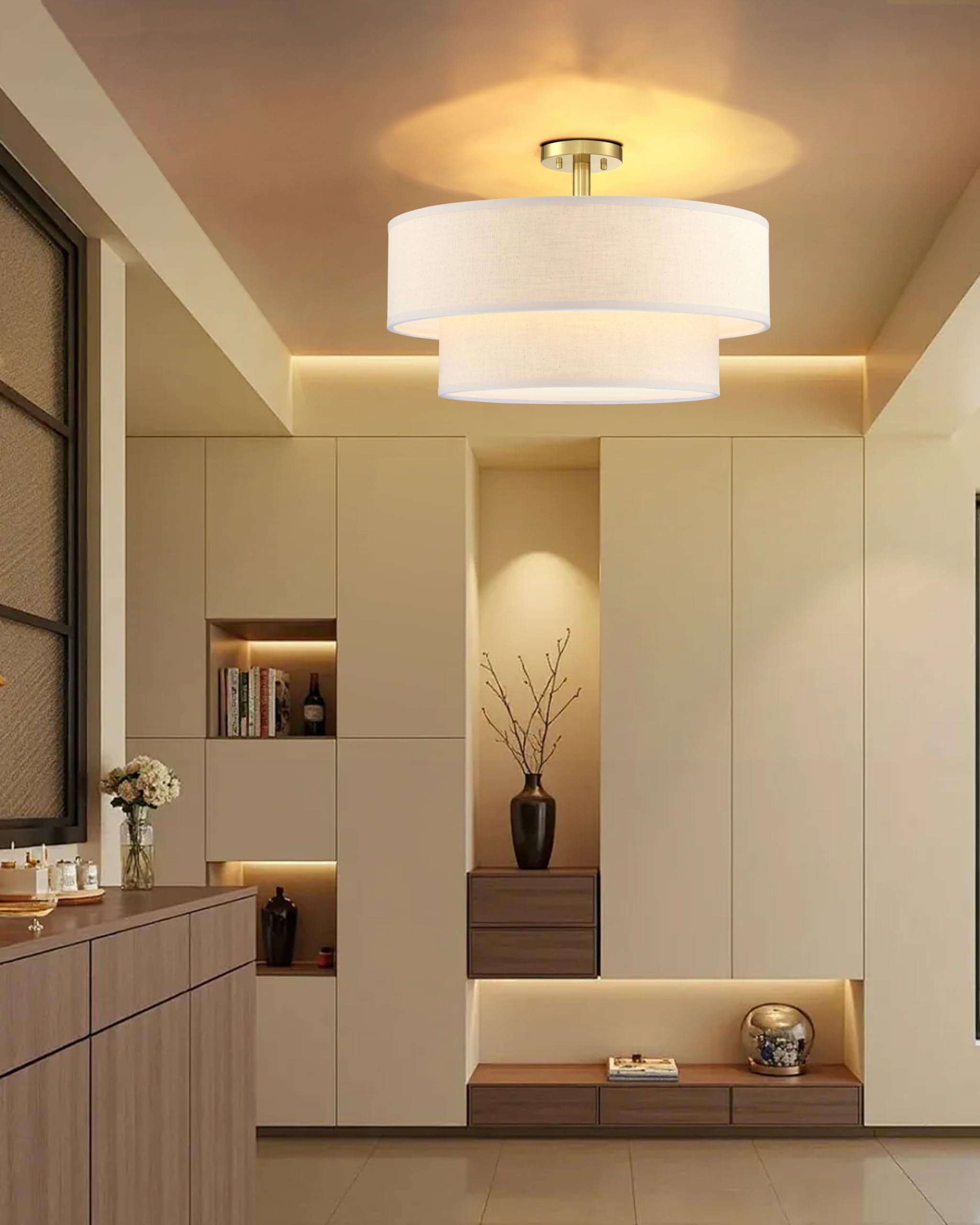 Dolaimi House 5 Light Semi Flush Mount,Close To Ceiling Light Fixture,Linen Fabric Shade Brushed Bronze Finish 22 Inch Semi Flus