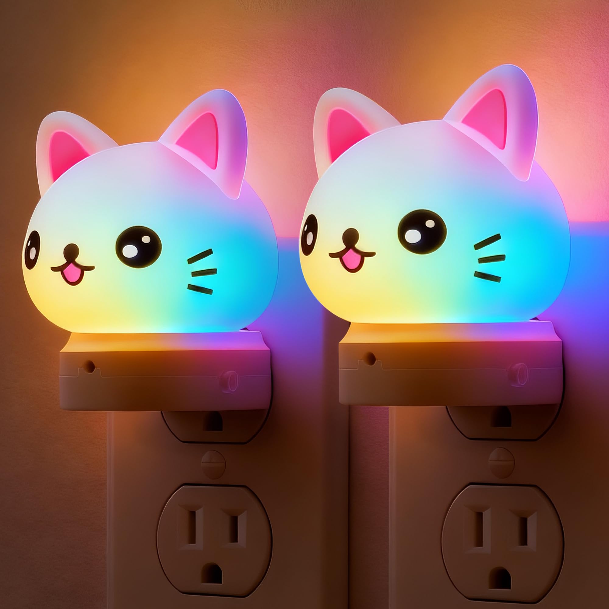 L LOHAS LED Plug in Night Light for Kids,2-Pack 3D Cute Cat Night Lights with Dusk to Dawn Sensor, RGB+Soft White 3000K Cat Nigh