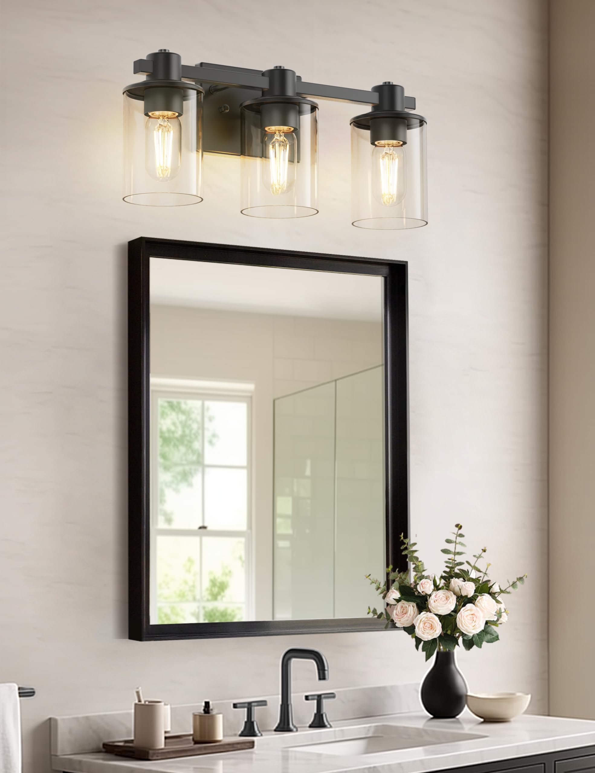 DORESshop 3-Light Bathroom Light Fixtures, Modern Black Vanity Lights with Clear Glass Shade, Model D-JQD07T3BLE26