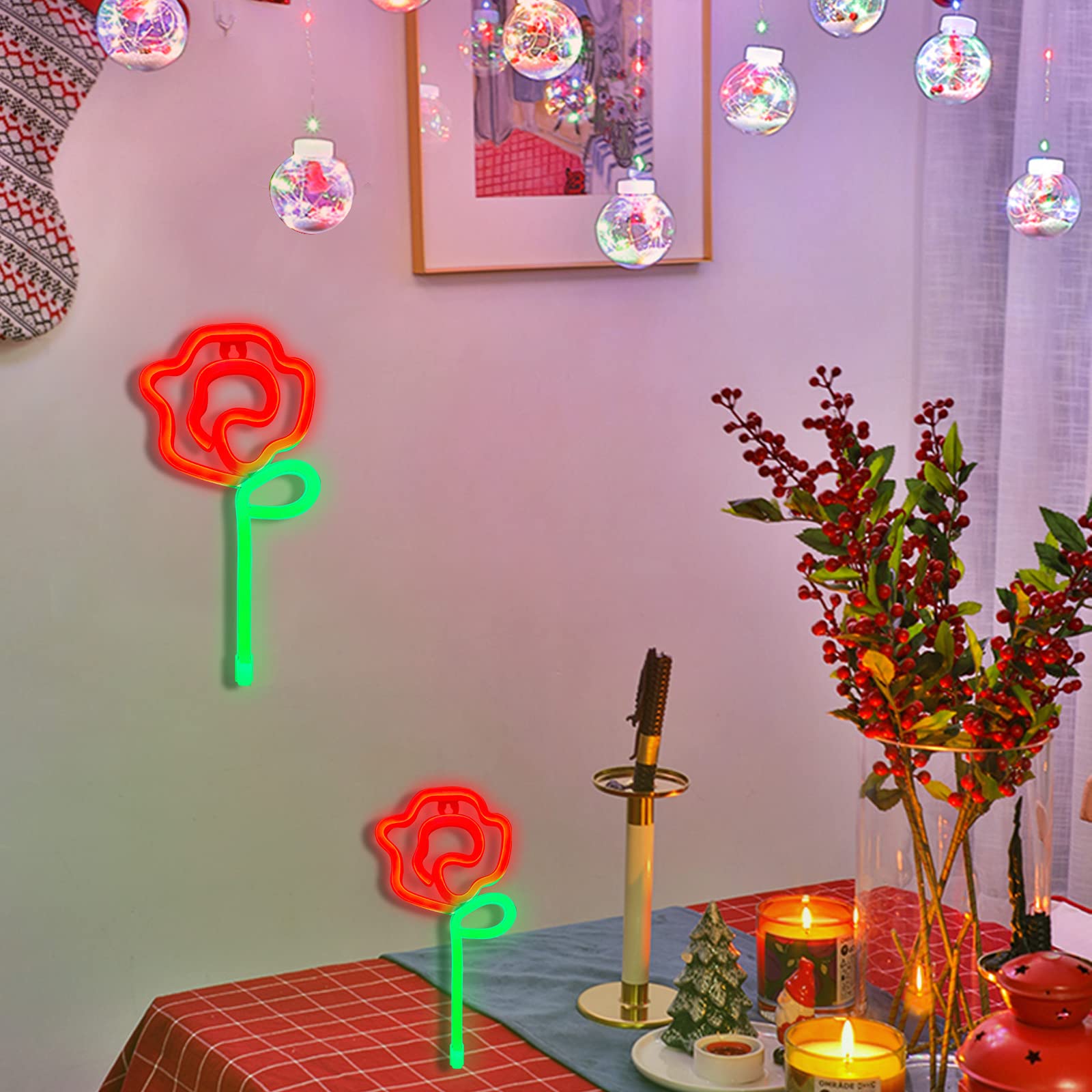 ENUOLI Neon LED Sign - Red Rose Flower Art Wall Decor, USB/Battery Operated, Great for Bedroom, Party, Wedding, Model nNH.G053R+GG