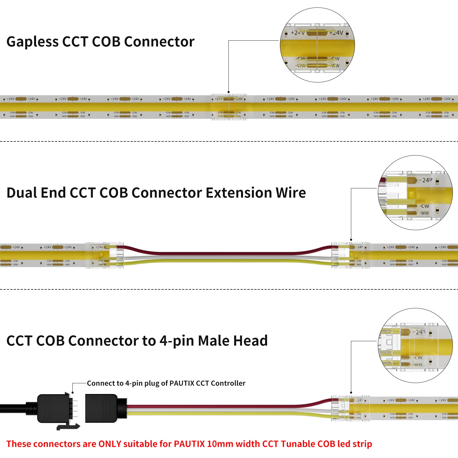 PAUTIX 10mm LED Strip Connectors Kit - 4 Dual End Solderless Connectors, 2 DC Plug Wires, Warm & Bright White, Connector Kit