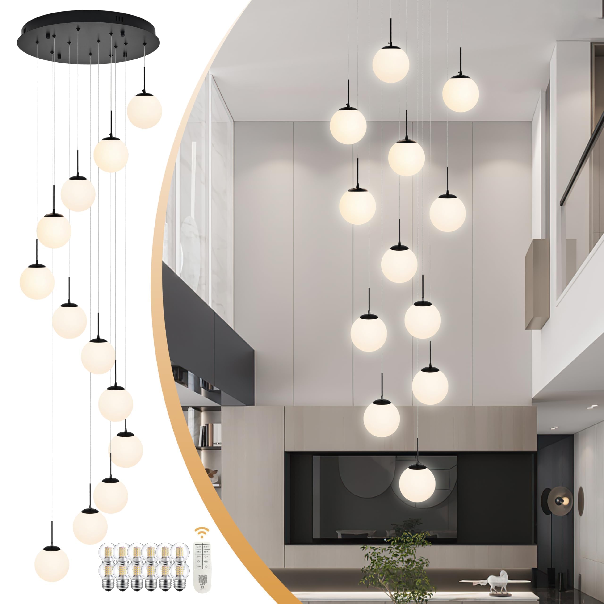 Koko&Yukina 12-Light Black Mid Century Modern Chandelier For Living Room Staircase Chandelier For Entryway Globe Milky White Gla