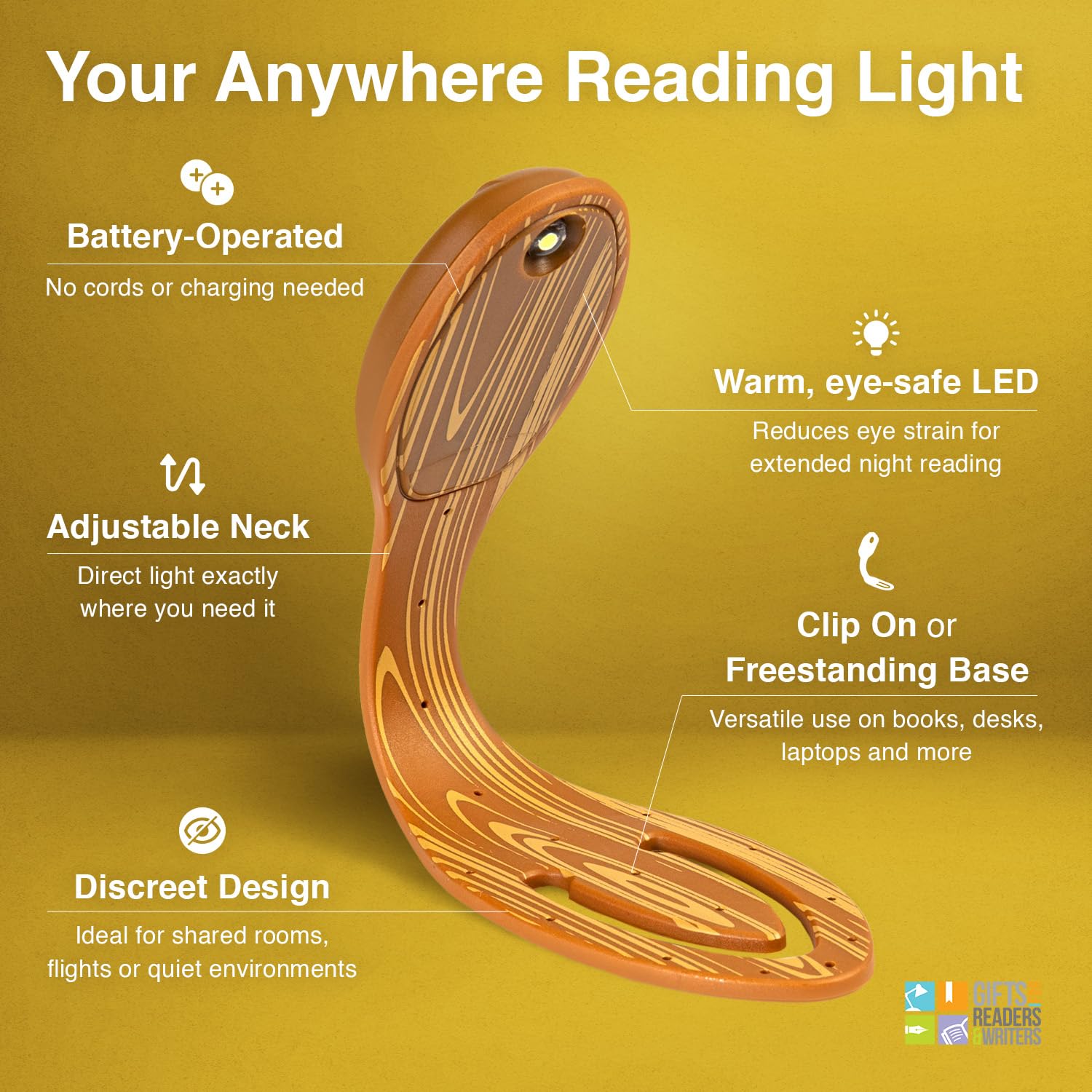 Gifts for Readers & Writers Flexilight Bookmark Book Light - LED, Battery Operated, Wood Color, Model 2, Perfect for Adults & Kids