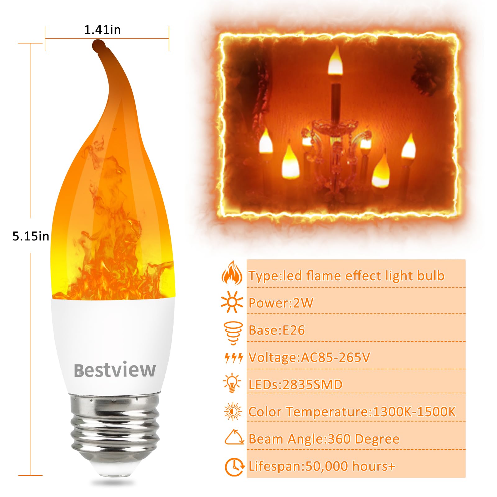 Bestview Led Flame Effect Light Bulbs,3 Modes Smart E26 Chandelier Base Flickering Candle Fire Light Bulb For Halloween, Christm