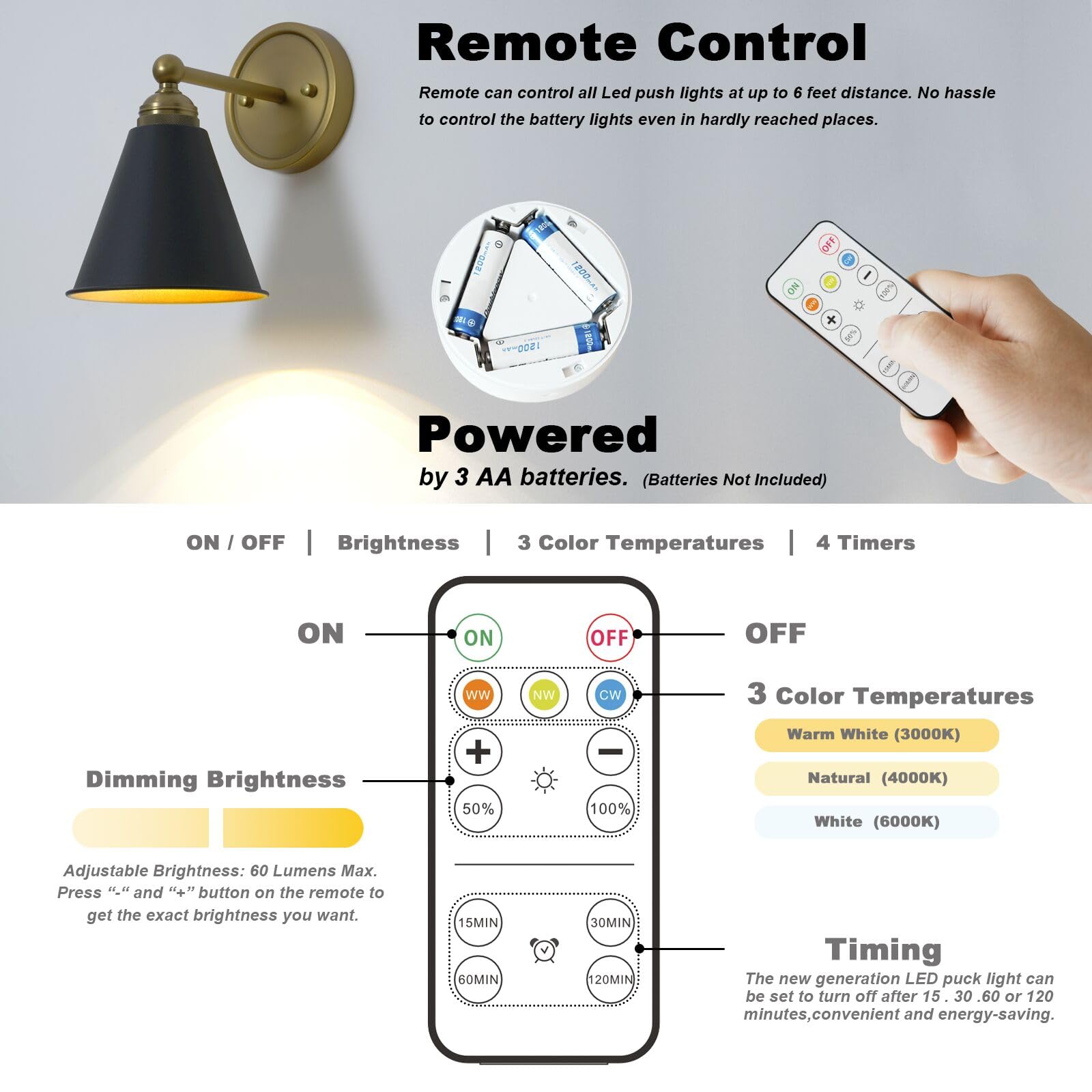 Heqiqeh Set Of 2 Modern Battery Operated Wall Sconces, Vintage Black And Gold Wall Lights Fixture With Remote Control, Dimmable