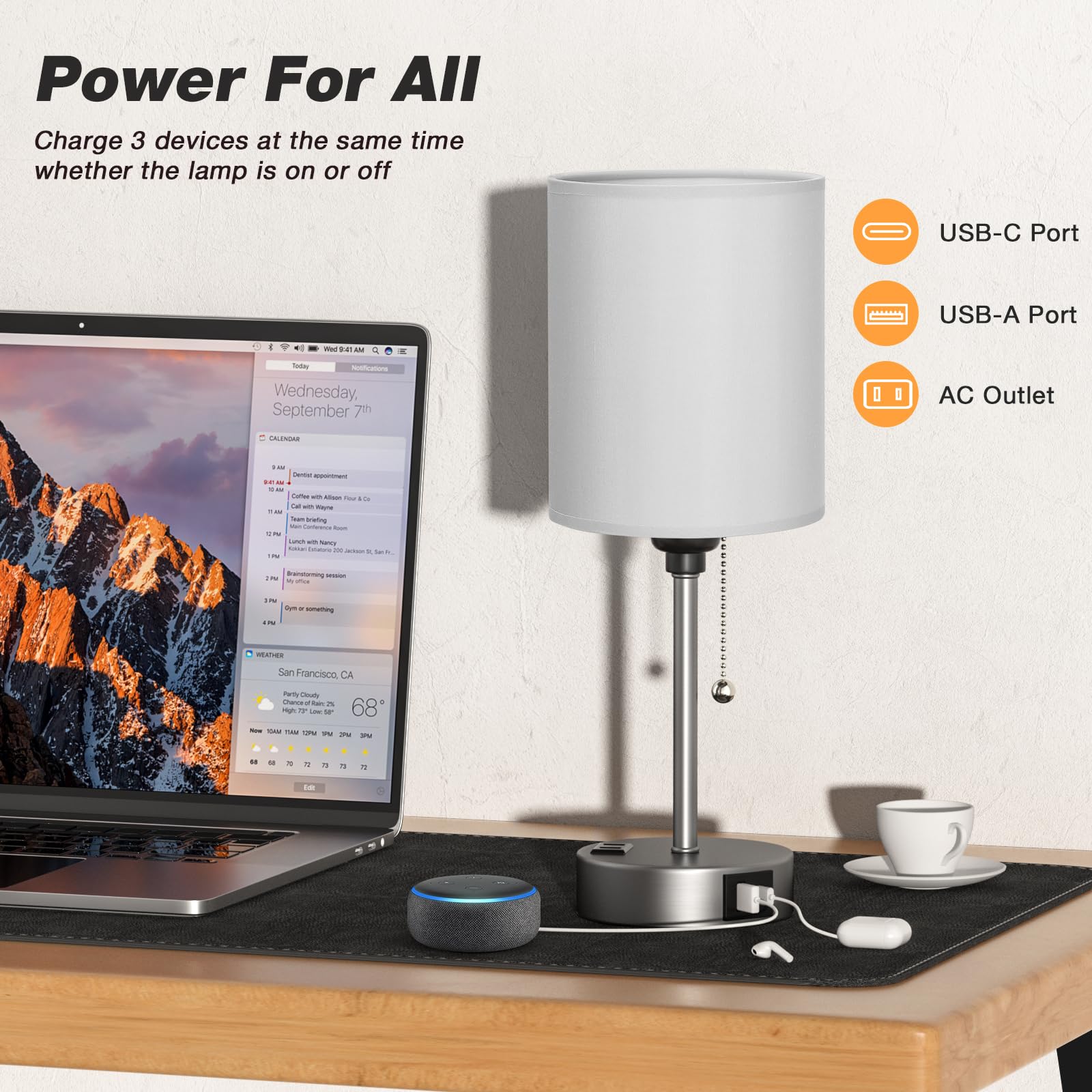 Dicoool Grey Bedroom Lamp - 3 Color Temperatures, USB C & A Ports, AC Outlet, 14.6in Metal Table Lamp, Model 15-10 for Kids Girls
