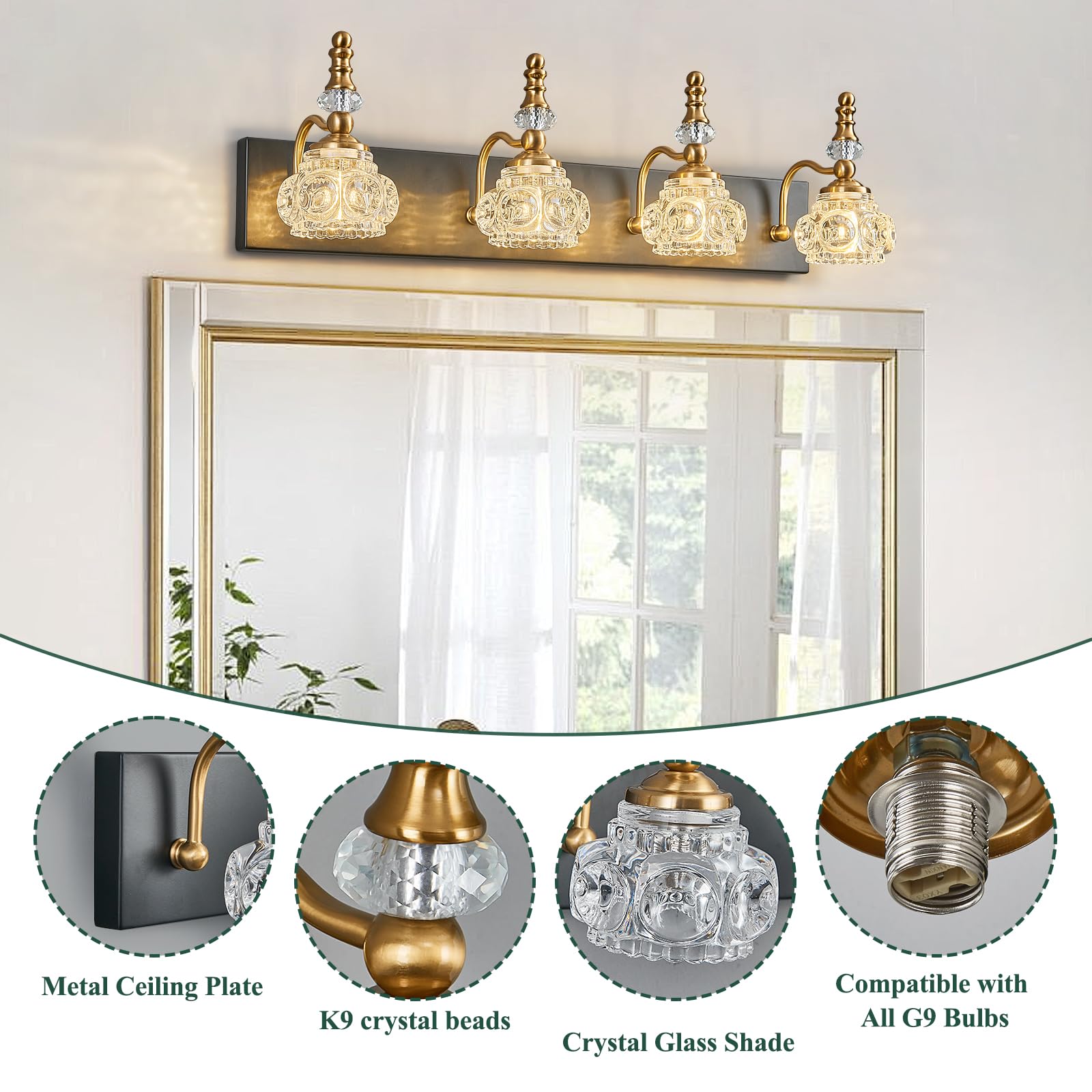 LBSQJ 4-Light Bathroom Vanity Light Fixture, Modern Glass Crystal, Black Gold, Model 493, Over Mirror Lighting
