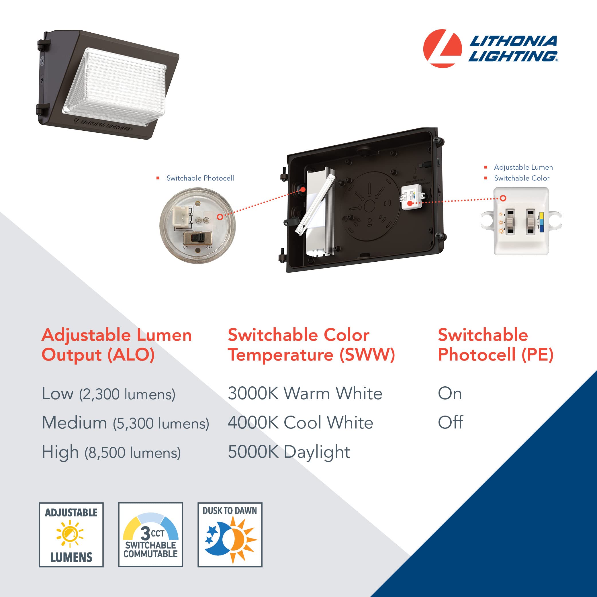 Lithonia Lighting 13" LED Wall Pack Light Fixture, 3-Way CCT 3000K/4000K/5000K, Dusk to Dawn, Dark Bronze, Model T