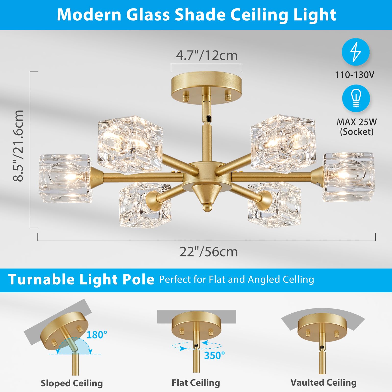 Xingqi Gold Glass Chandelier Sputnik 6-Light Mid Century Semi Flush Mount Ceiling Light Fixture 22'' Modern Ceiling Lighting For
