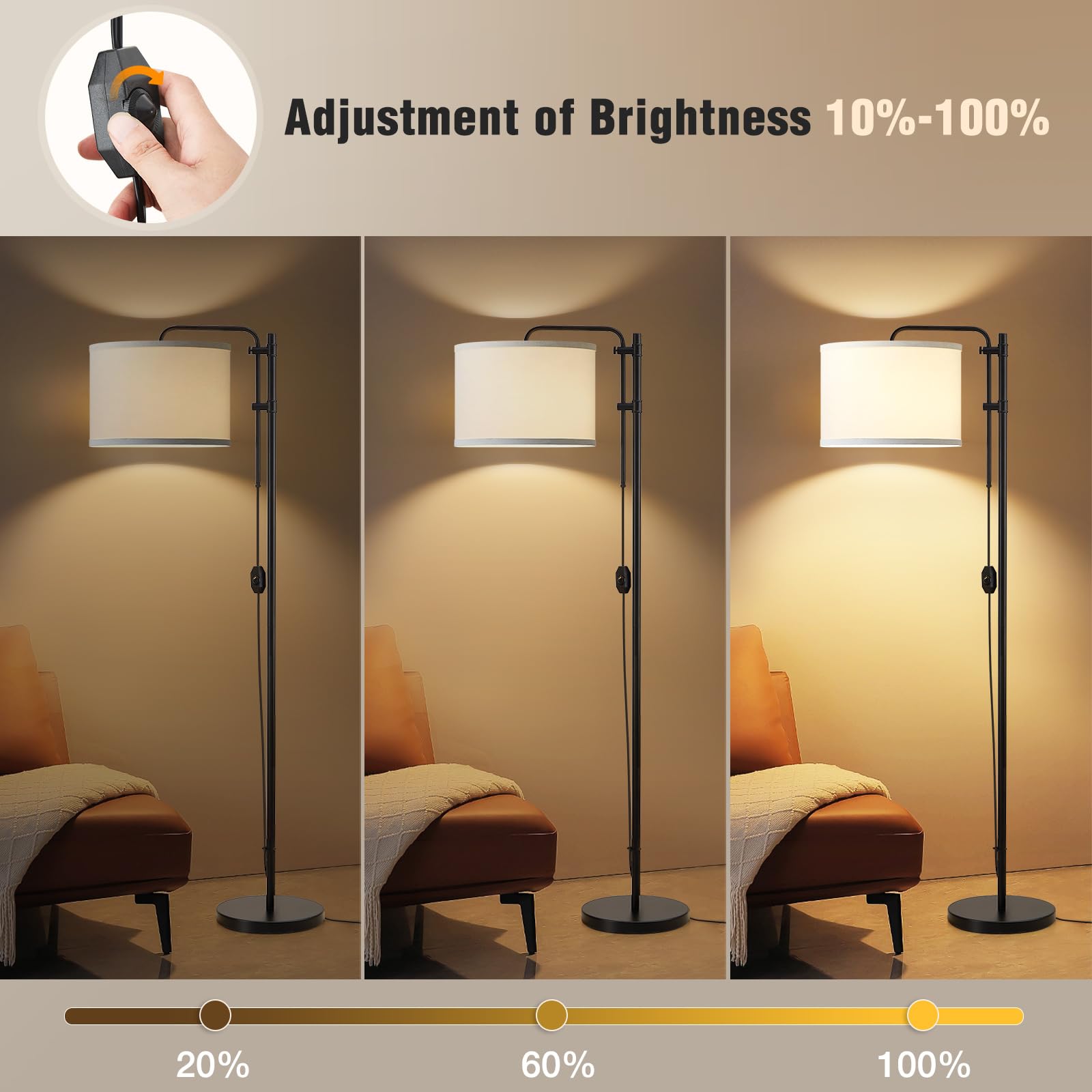 GyroVu Floor Lamp - Adjustable Height, 67.5-Inch, Dimmable, White Fabric Shade, Model 8906367011, Modern Design for Living Room & Office