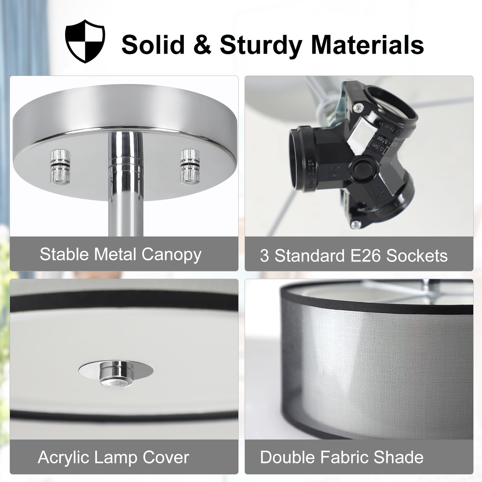 Dllt 3-Light Semi Flush Mount Ceiling Light Fixture, Modern 15'' Black Ceiling Lamp With Double Fabric Shade, Close To Ceiling L