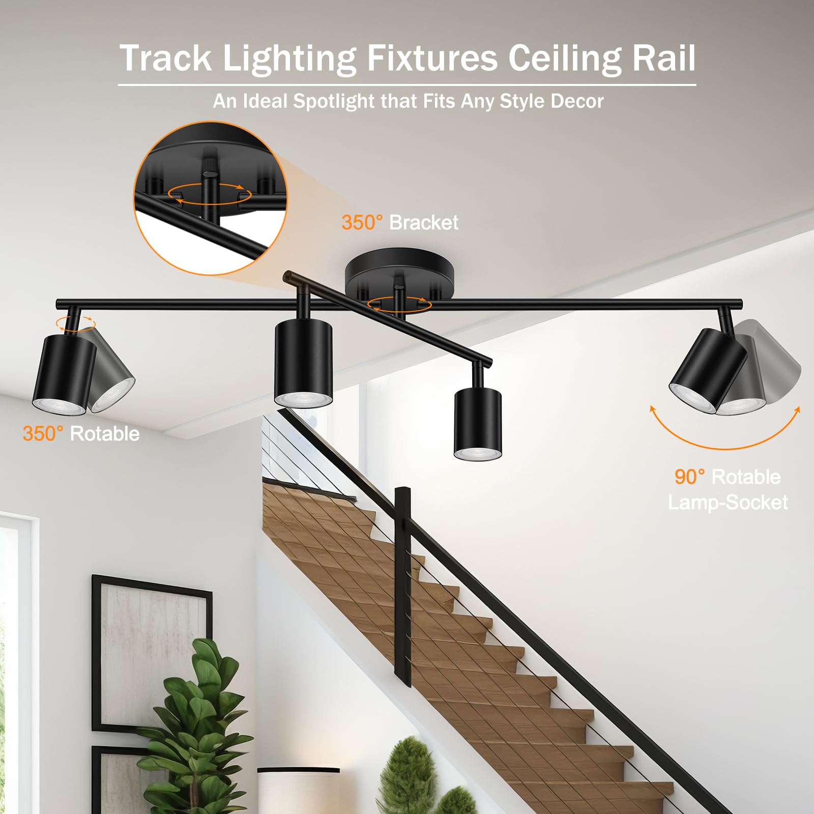 4 Light Track Lighting Kit Kitchen, Black Track Lighting Fixtures Ceiling, 4 Way Modern Flexible Spot Track Lighting, Industrial
