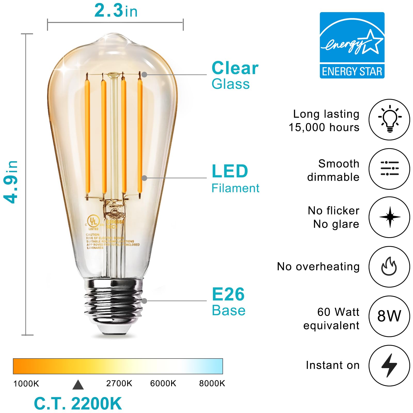 TJOY 12 Pack Vintage 8W ST58 LED Edison Bulbs, 2200K Soft White, Dimmable, E26 Base, 800 Lumens, Antique Glass Style