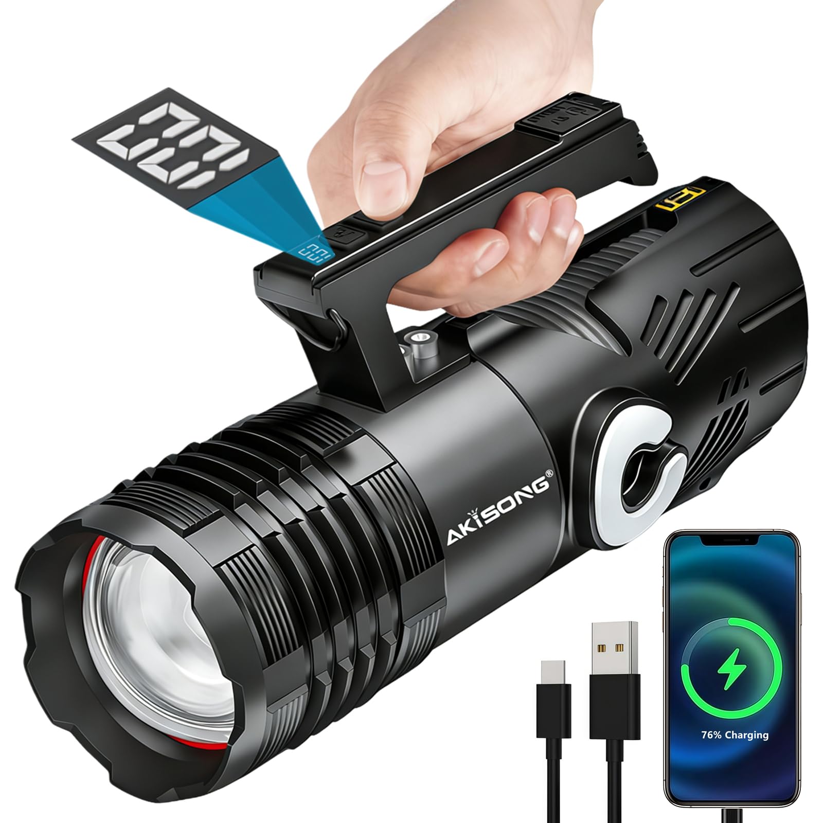 18000 High Lumens LED Spotlight Flashlights, 150W High Power Super Bright Rechargeable Flashlight with USB Output & Adjustable S
