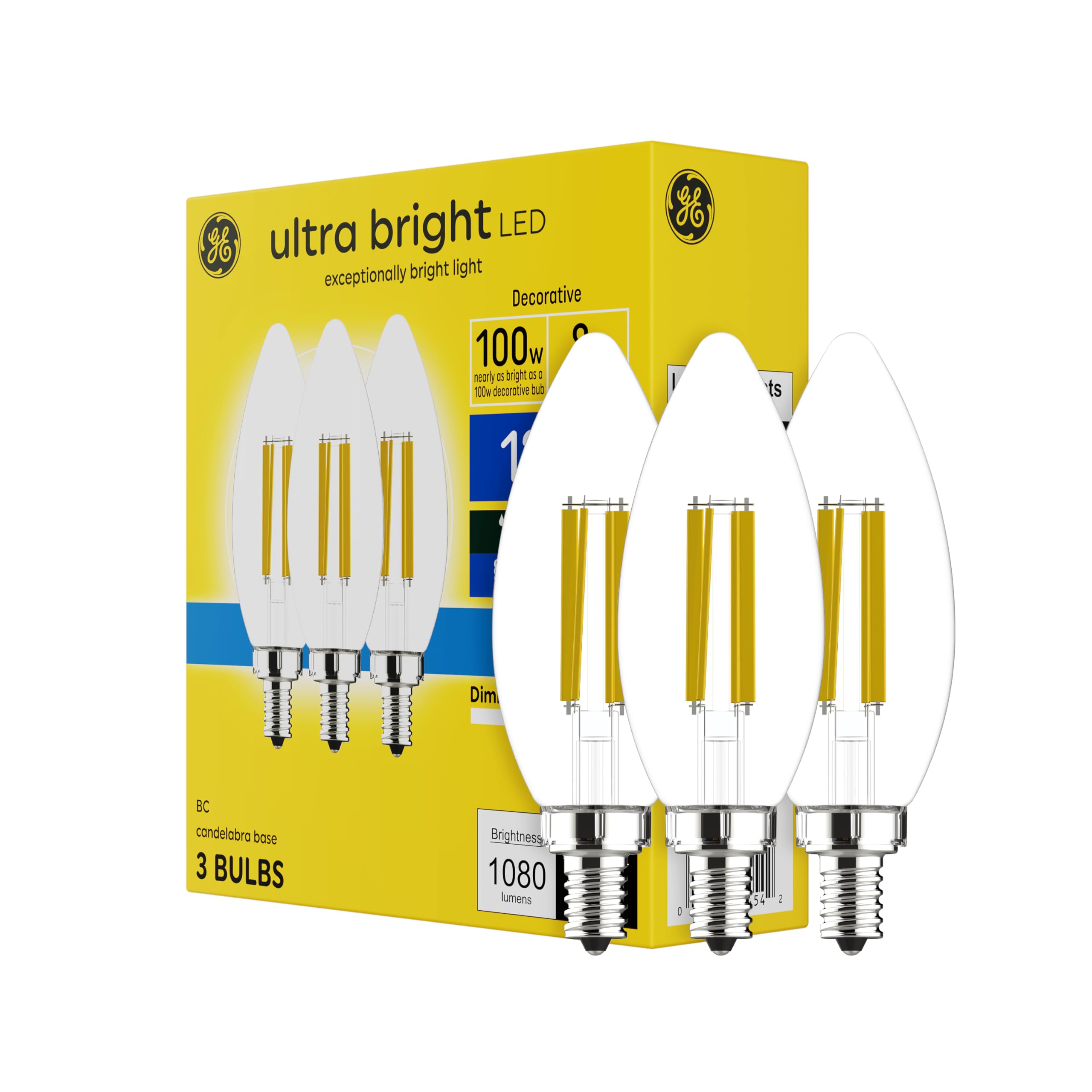Ge Ultra Bright Led Light Bulbs, 100W, Daylight Candle Lights, Clear Decorative B12 Light Bulbs (3 Pack)