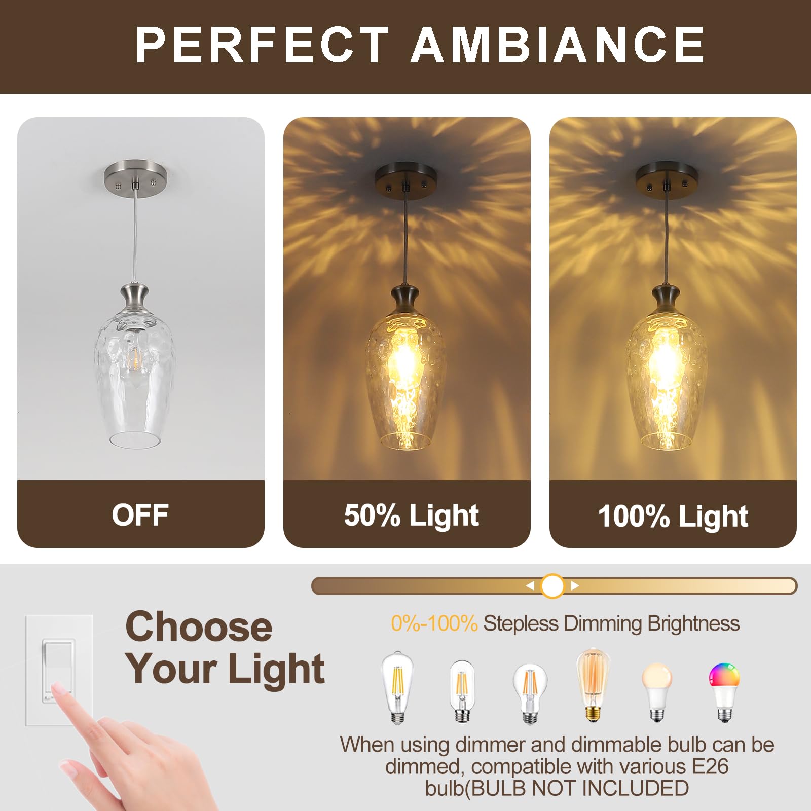 Saduenfr Glass Pendant Lights Kitchen Island 2 Pack, Brushed Nickel Pendant Light Fixtures With Hand-Blown Clear Glass, Modern H