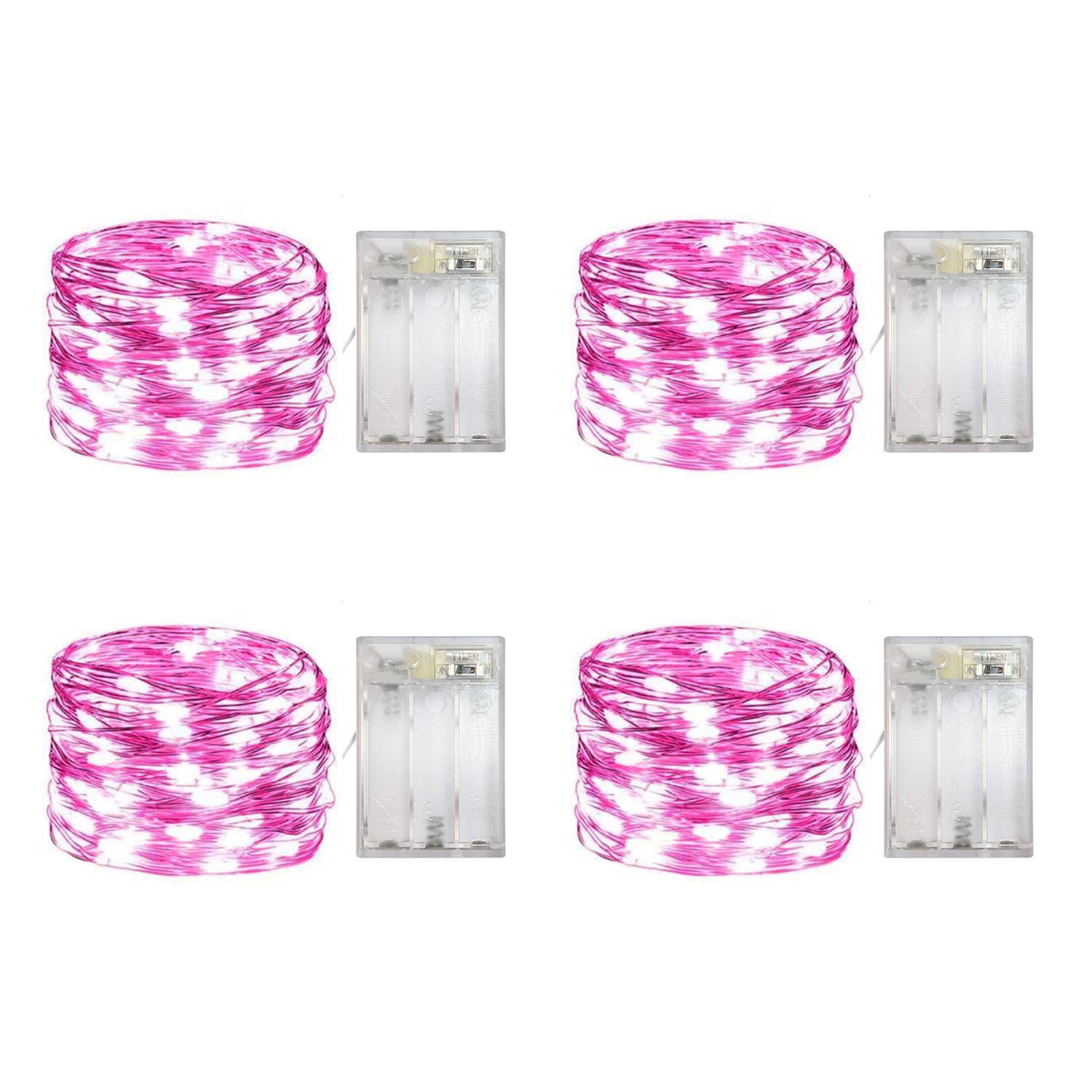 Yongzhenlite 4 Pack Battery Operated LED Fairy Lights, 10 Feet, 30 Count LEDs, Pink, Indoor with Timer Function