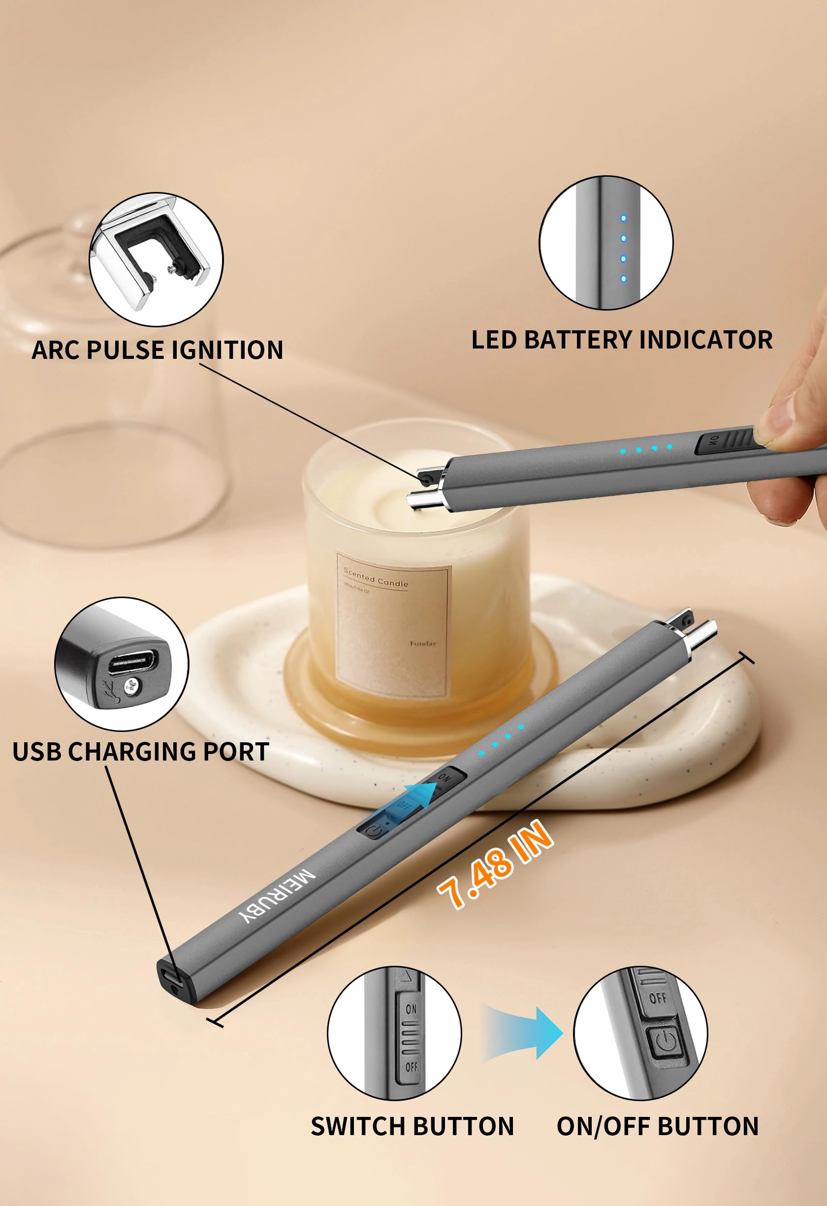 MEIRUBY Electric Candle Lighter, USB Rechargeable, Windproof, Aluminium Alloy, Space Gray, Model M-13