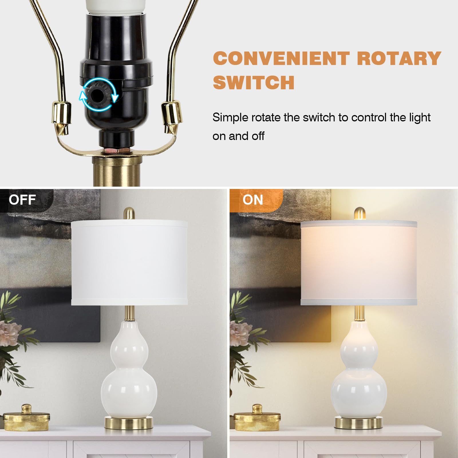 Rinweey Double Gourd Ceramic Table Lamps Set of 2, Modern White Nightstand Lamps for Bedroom, Large Size (Bulb Included)