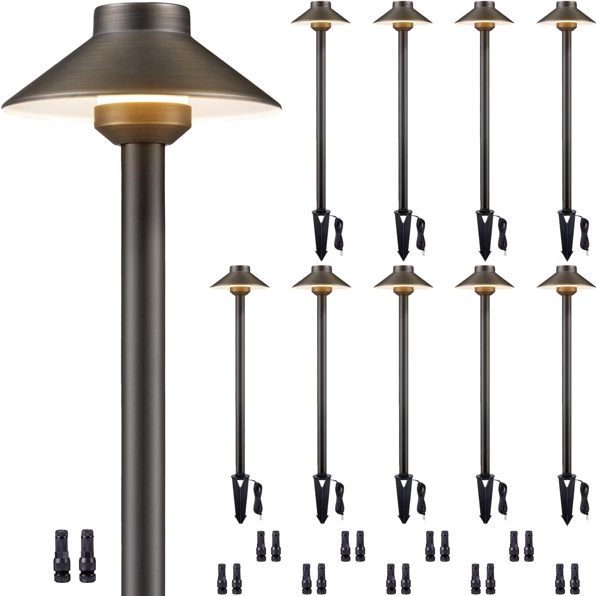 Gardenreet Solid Brass Landscape Path Lights - 12V Low Voltage Pathway Light Ip65 Waterproof, Outdoor Walkway Fixture Hardwired, Hat-Top Antique Bronze For Patio Lawn G4 Bulb Not Included (10 Pack)
