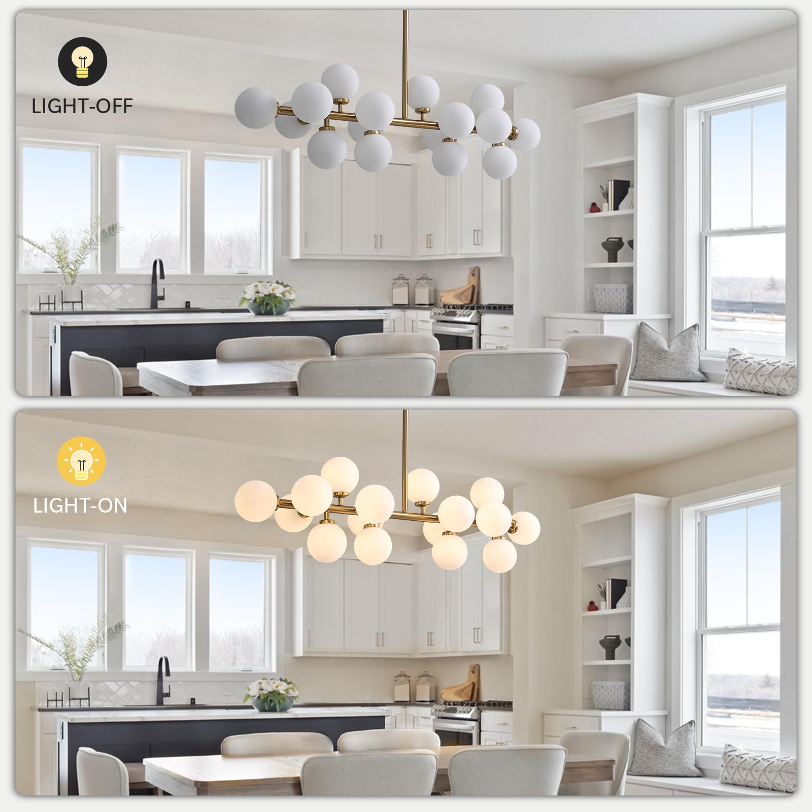 APBEAMLighting Gold Mid Century Modern Chandelier, 16 Lights, White Glass Globe, Linear Pendant Fixture for Dining Room