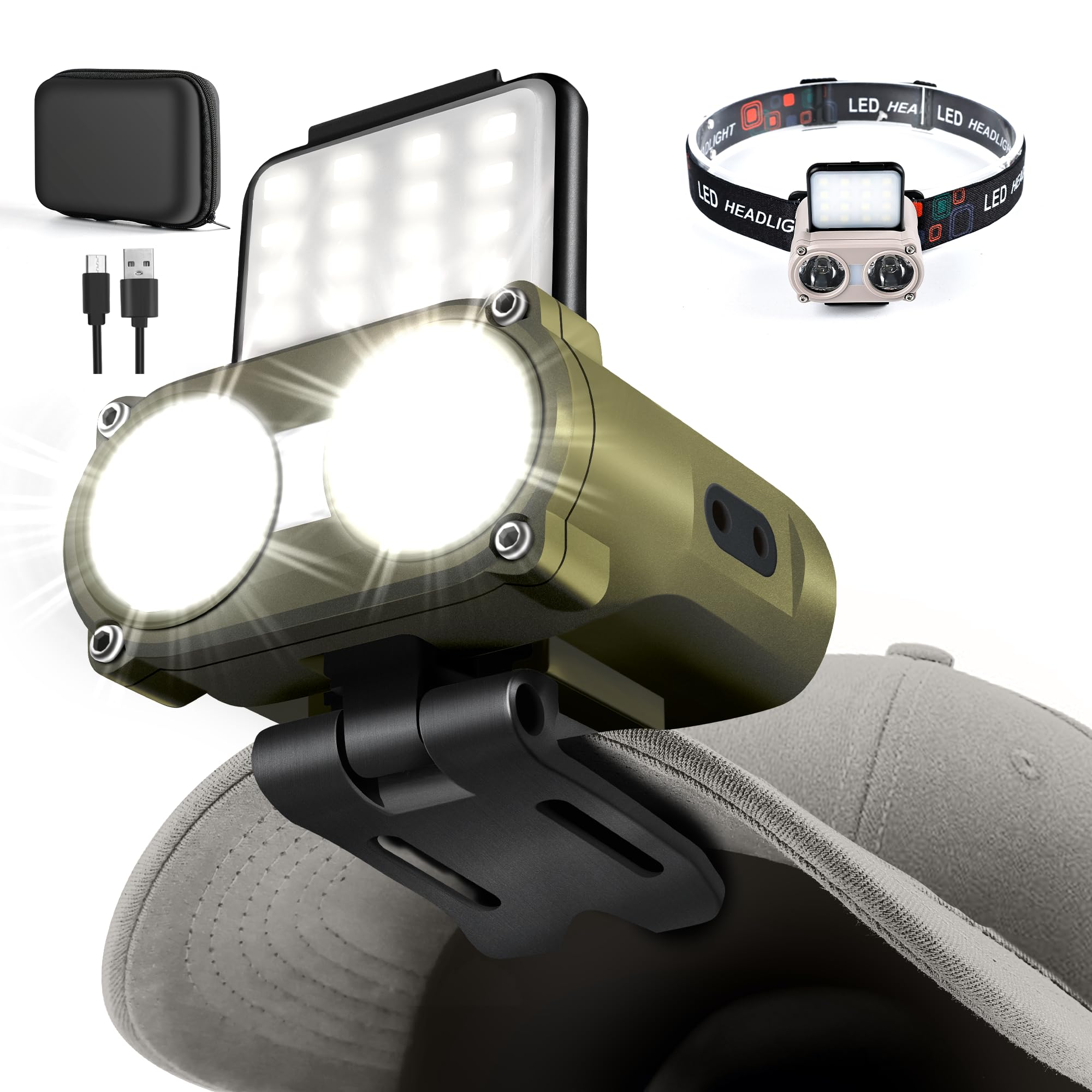 Hopedone LED Hard Hat Light, 800 Lumens, Rechargeable, Dimmable, 180° Adjustable, Waterproof, Olive Green, Model LINGJ-2010