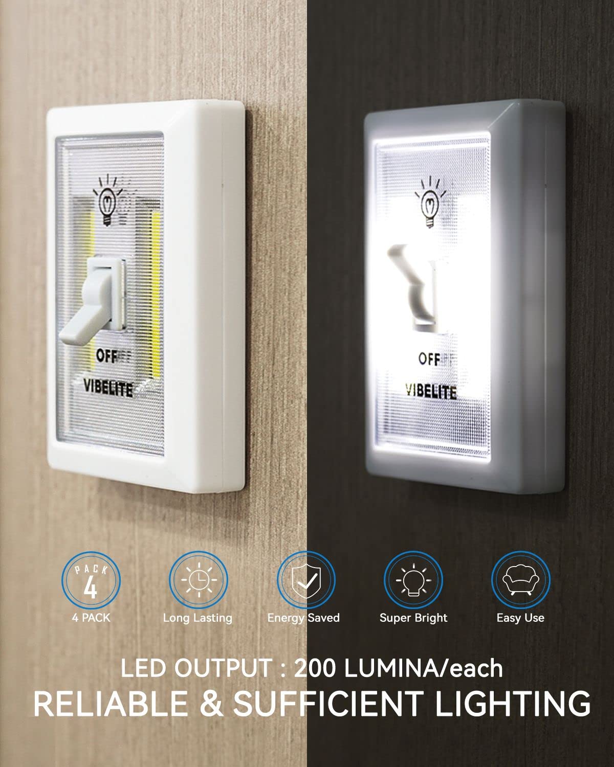 VIBELITE Battery Operated Closet Light - 6-Pack Touch Switch Night Lights, Wireless, White, Model VB-SW-6P-W