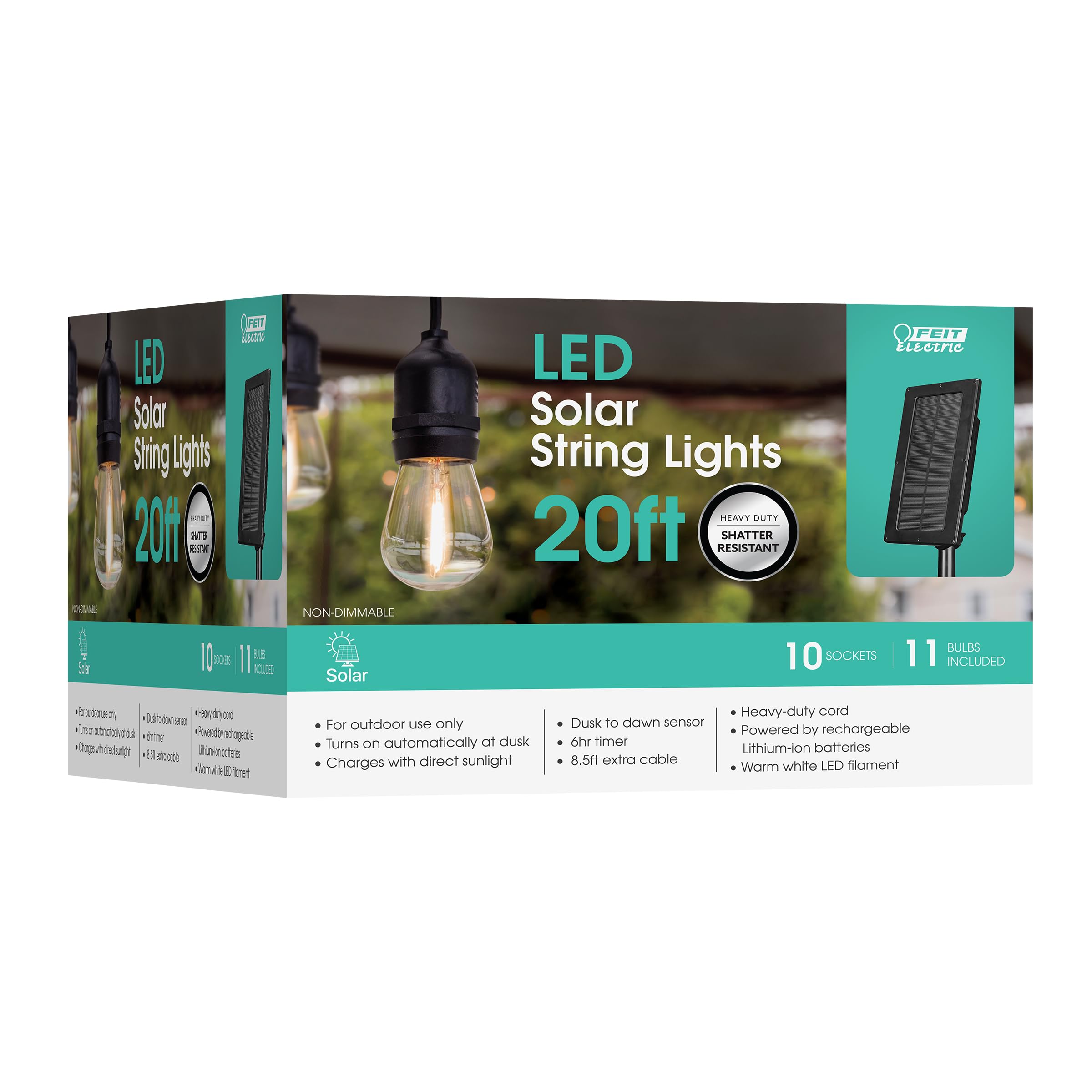 Feit Electric LED Solar String Lights, 20ft, Dusk-to-Dawn Sensor, 11 Bulbs, 2700K Warm White, Model SL20-10/SOL/V1
