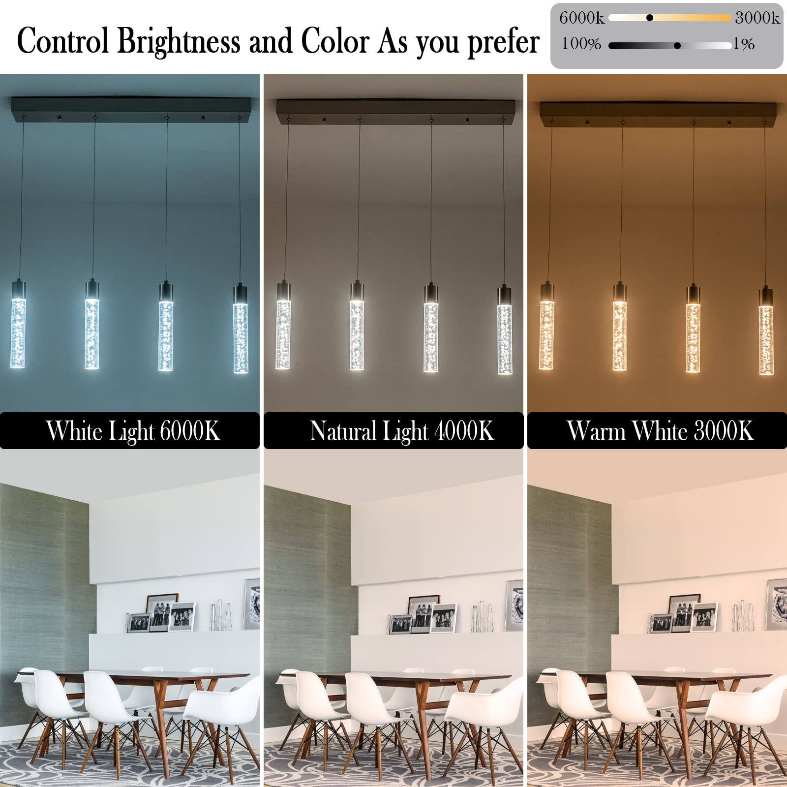 BESTWEST 4-Light Pendant Light Fixture, Dimmable, Remote Control, Brushed Nickel, Model BW-02-4-BN32W for Kitchen Island or Dining Room