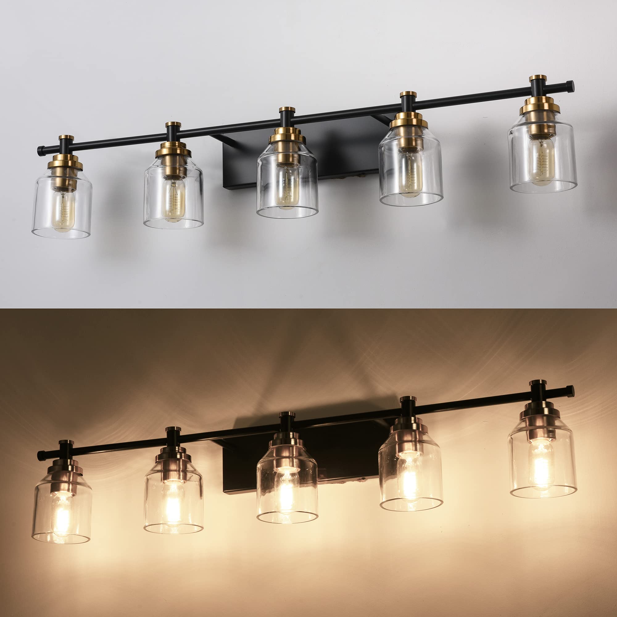 SOLFART 5-Light Bathroom Light Fixtures, Black Brass Finish, Vintage Globe Design, Model 7900-5T