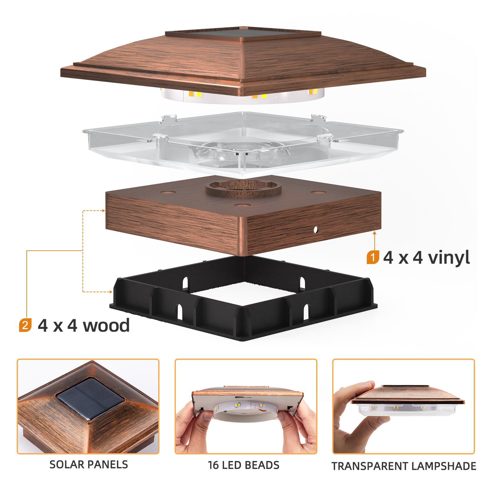 APONUO 16 Pack Solar Fence Post Lights, Waterproof Warm/Cool Light, Brushed Copper, Fits 4x4 & 5x5 Posts, Model TZ11