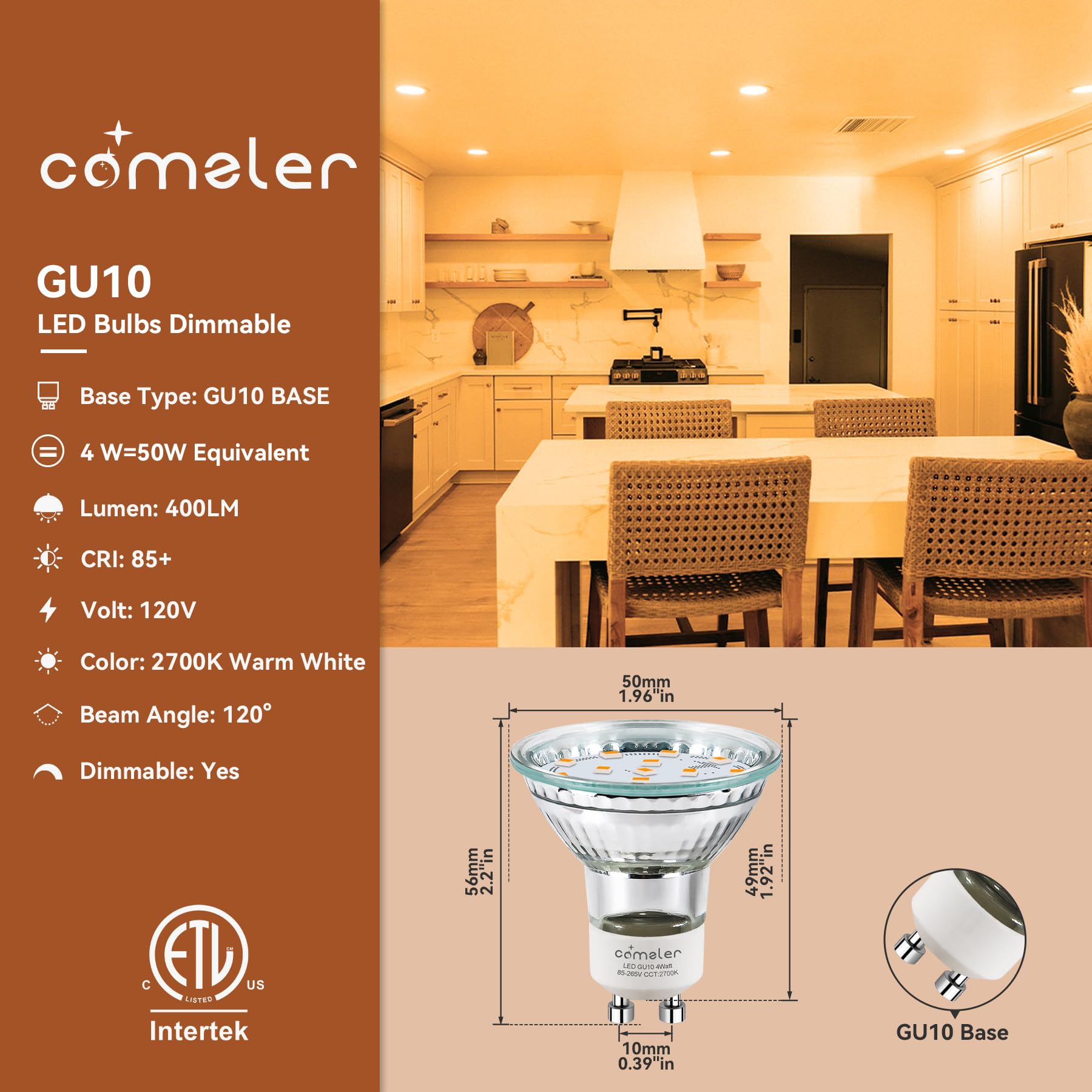 Comzler Gu10 Led Bulb Dimmable, 50W Halogen Equivalent Gu10, 2700K Soft White Gu10 Bulb Replacement For Track Lighting, Mr16 Gu1