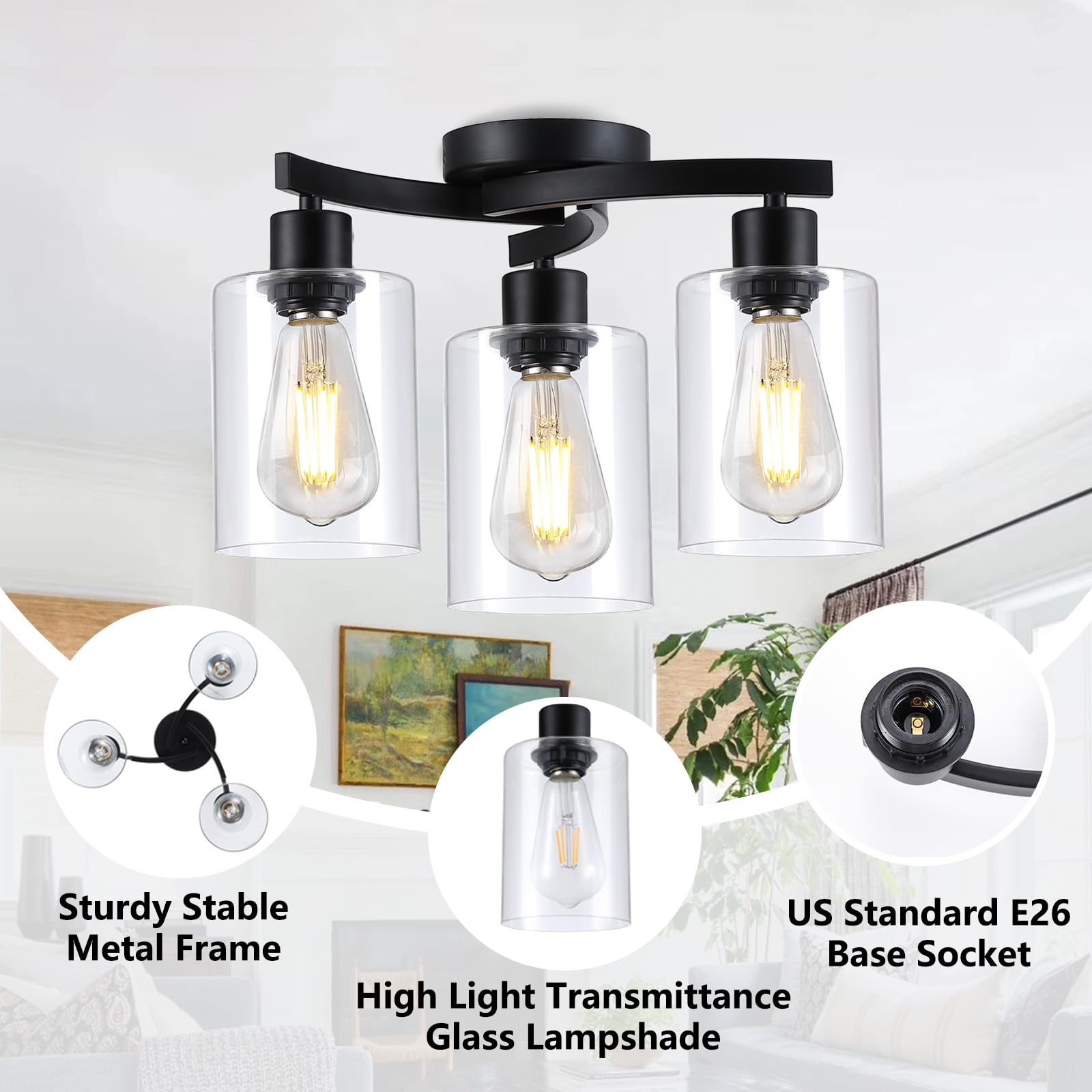 3Wwwuee 3-Light Semi Flush Mount Ceiling Light, Modern Close To Ceiling Light Fixtures With Clear Glass Shades, Black Light Fixt