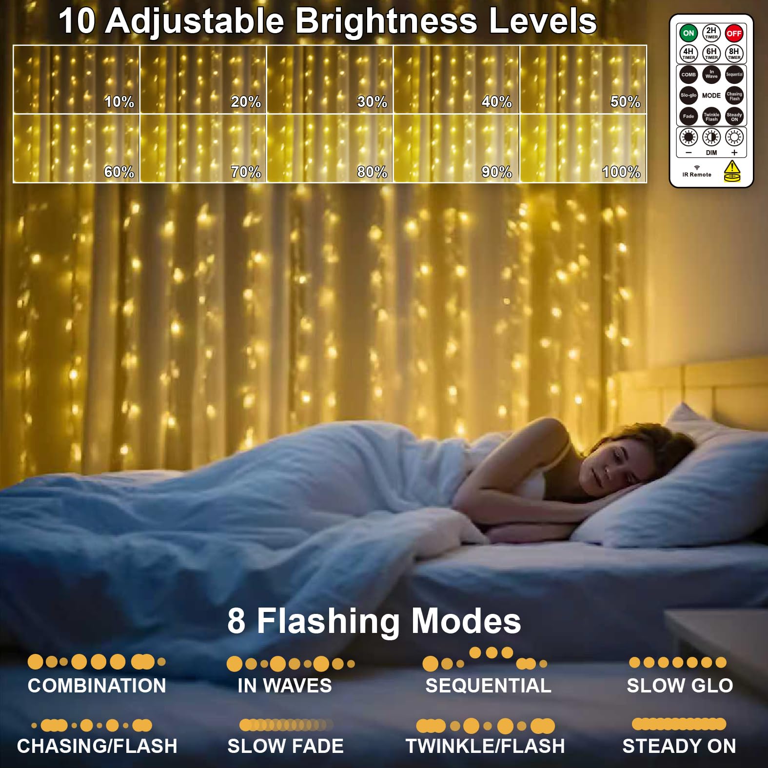 HXWEIYE Fairy Curtain Lights, 300LED, USB Plug, 8 Modes, 9.8x9.8Ft, Warm White, Copper Wire, Model HY100150-300