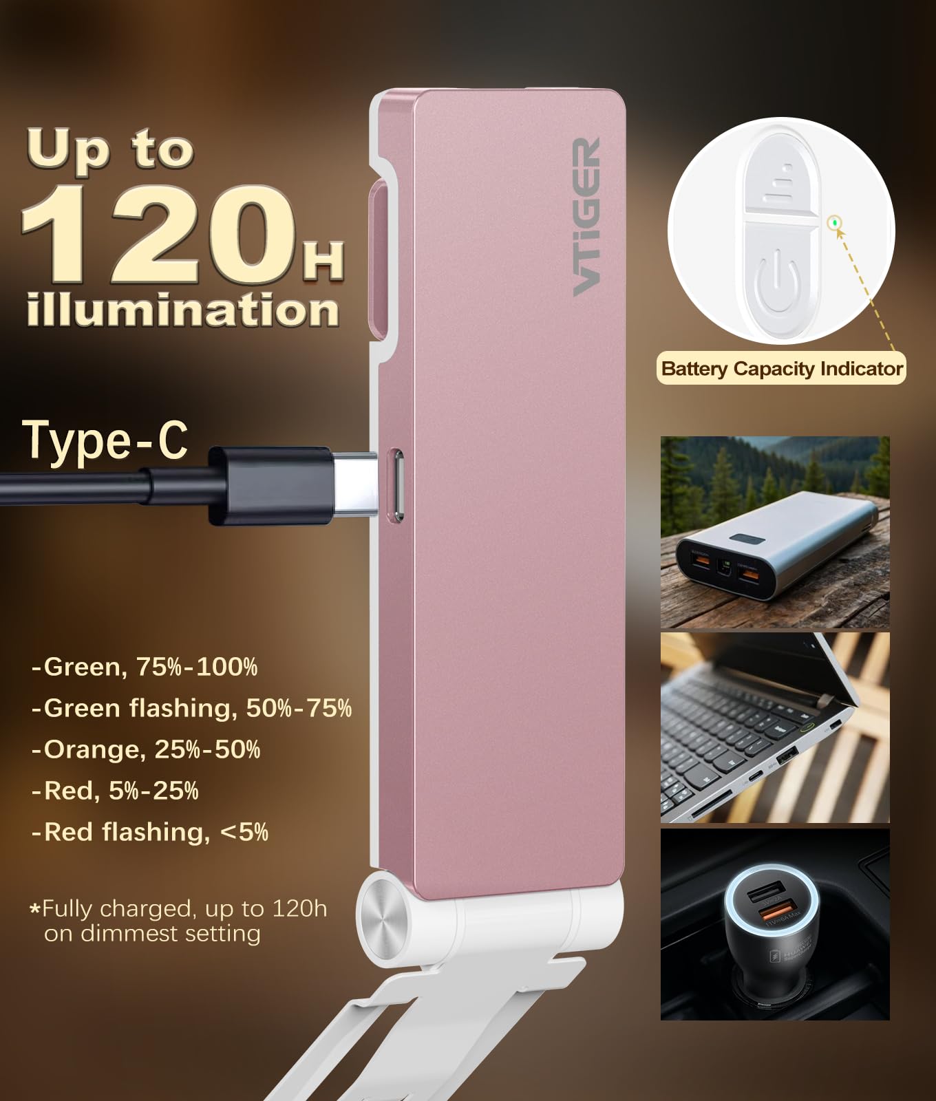 VTIGER USB Rechargeable Book Light, Foldable Clip-on LED, 3 Amber Colors, 4 Brightness Levels, Rose Gold, Model B1