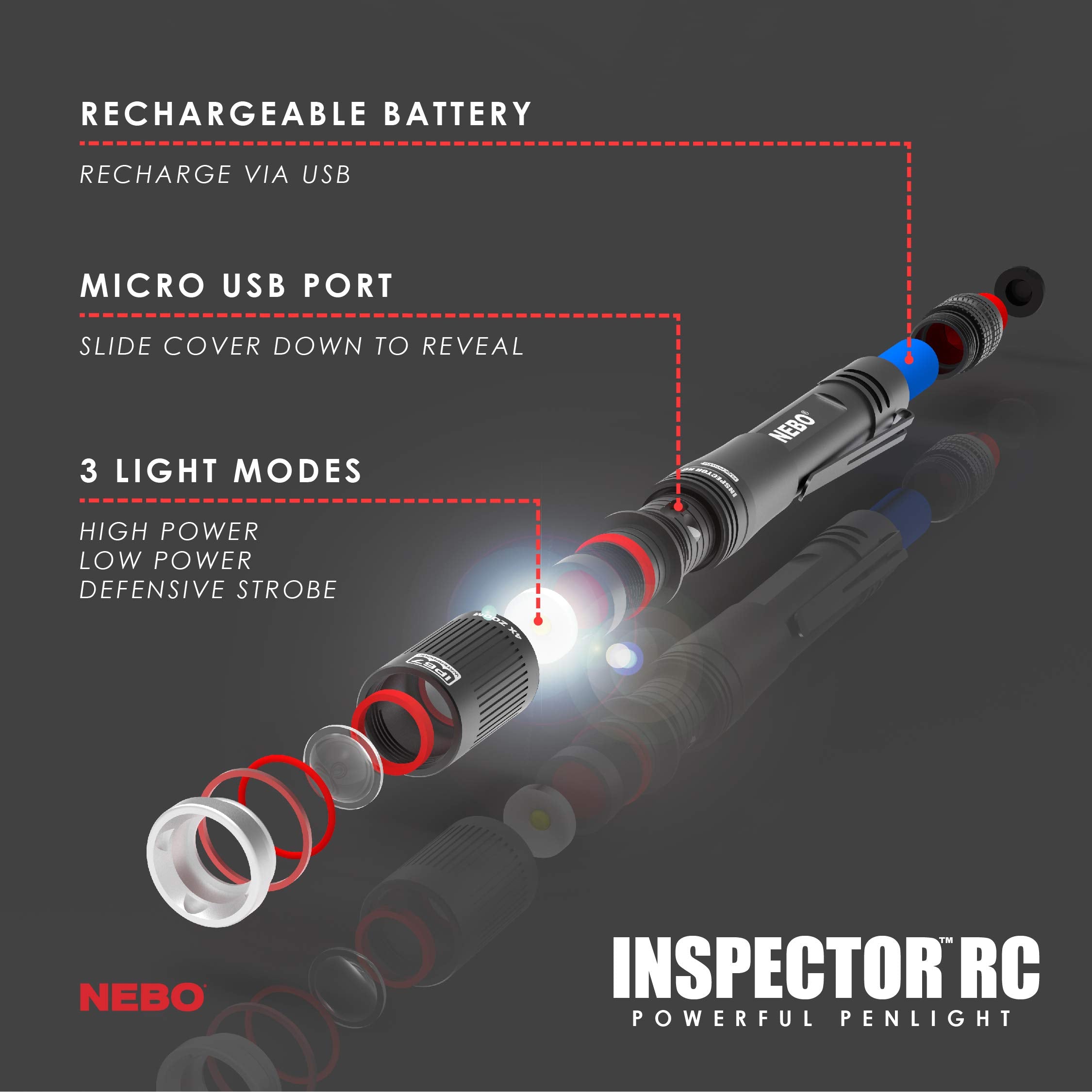 NEBO Rechargeable Pen Light Flashlight - 360 Lumens, Black, Aluminum, Model 6810, Includes Rechargeable Battery & AAA Battery Option, 1 Pack