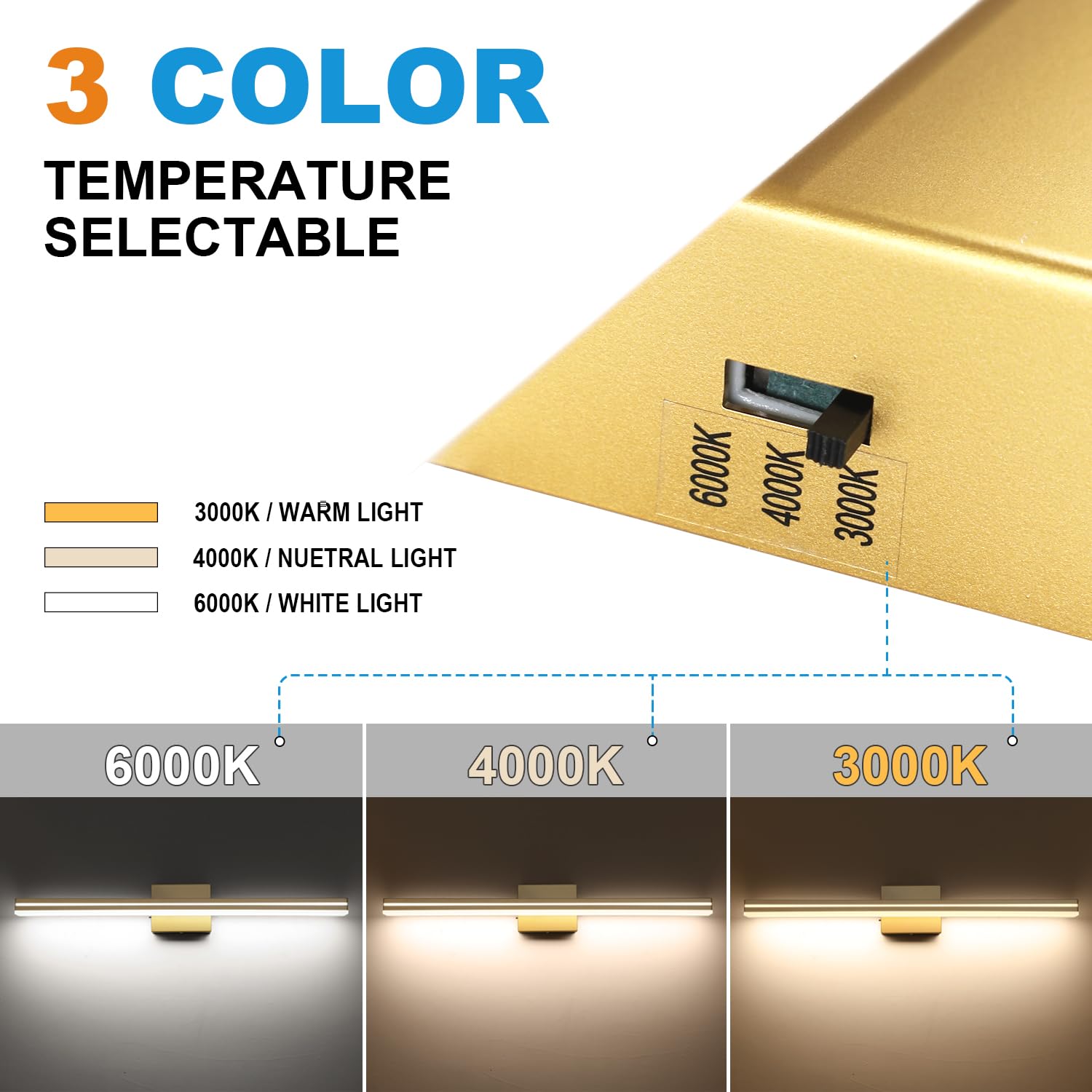 Sinerise Led Modern Bathroom Vanity Light Fixtures (32-Inch, 3000K/4000K/6000K, Dimmable), Gold Modern Acrylic Bathroom Wall Lig