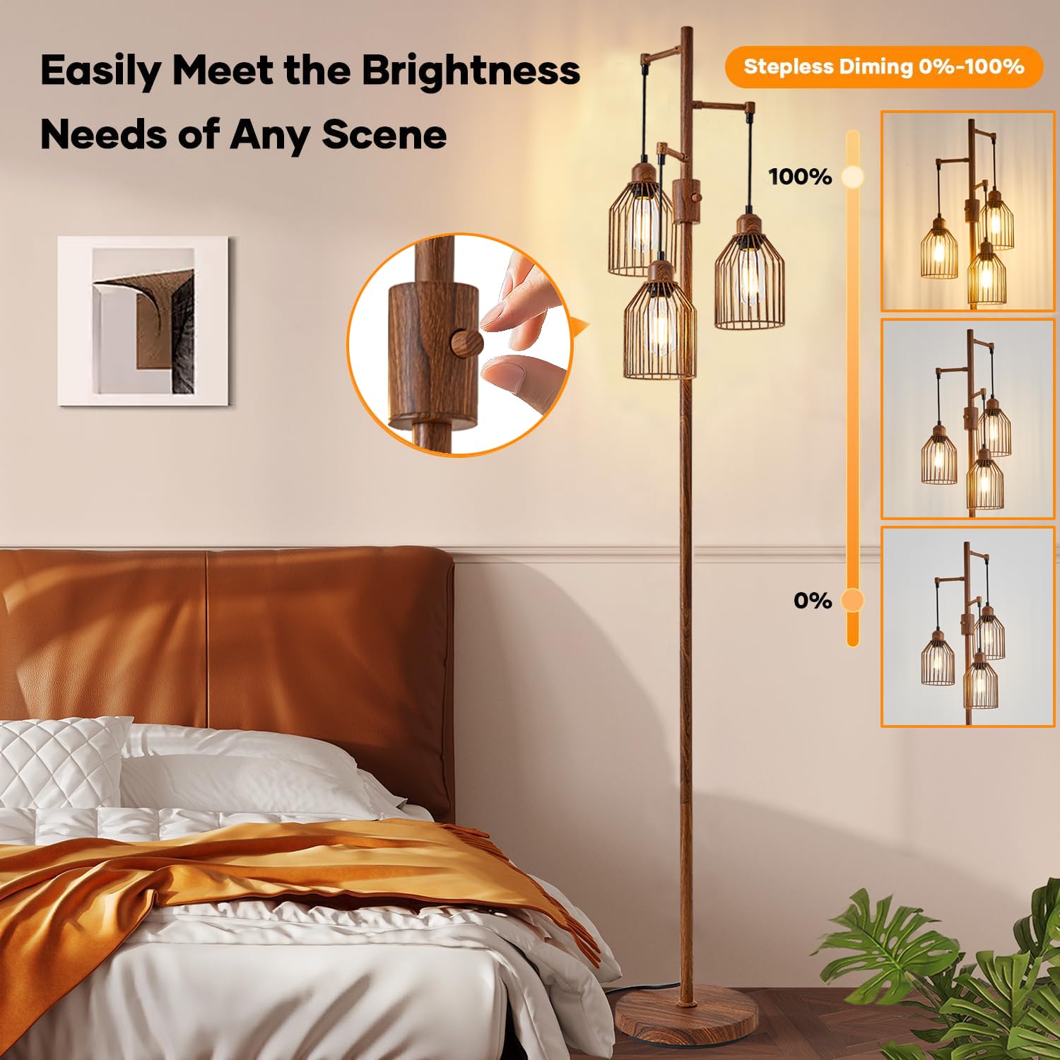 Dimmable Floor Lamp For Living Room, Farmhouse Floor Lamps With Elegant Hanging Cage, 3 X Led Edison Bulbs Included, 68.5'' Indu