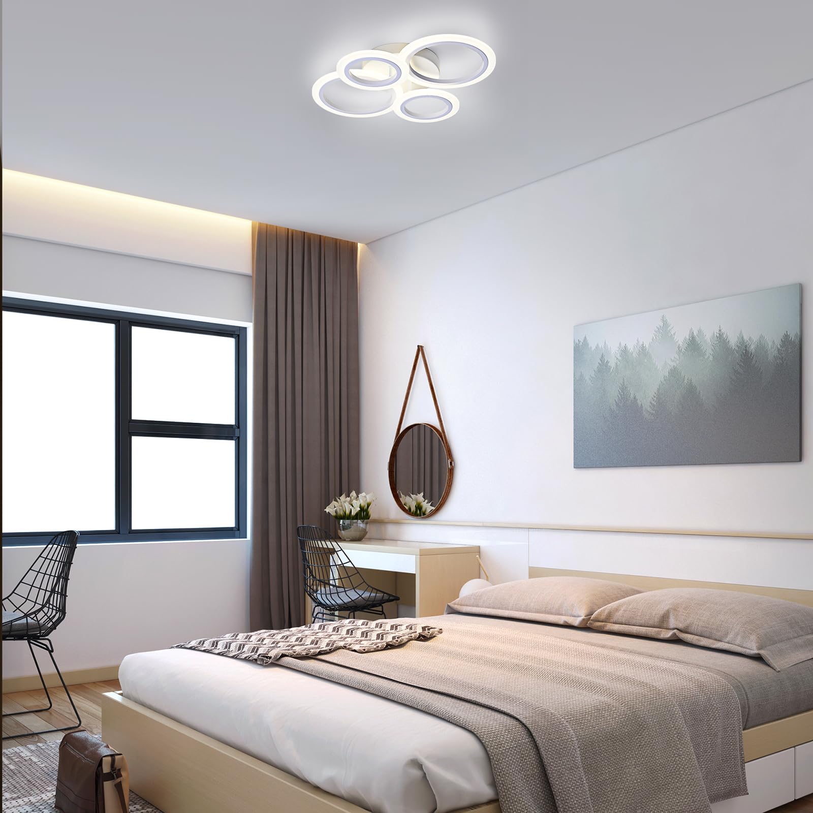 Vikaey Modern Led Flush Mount Ceiling Light, 4 Rings White Close To Ceiling Light, Lighting Fixture Ceiling Lamp For Kitchen, Living Room, Bedroom, Laundry Room, 4000K Not Dimmable
