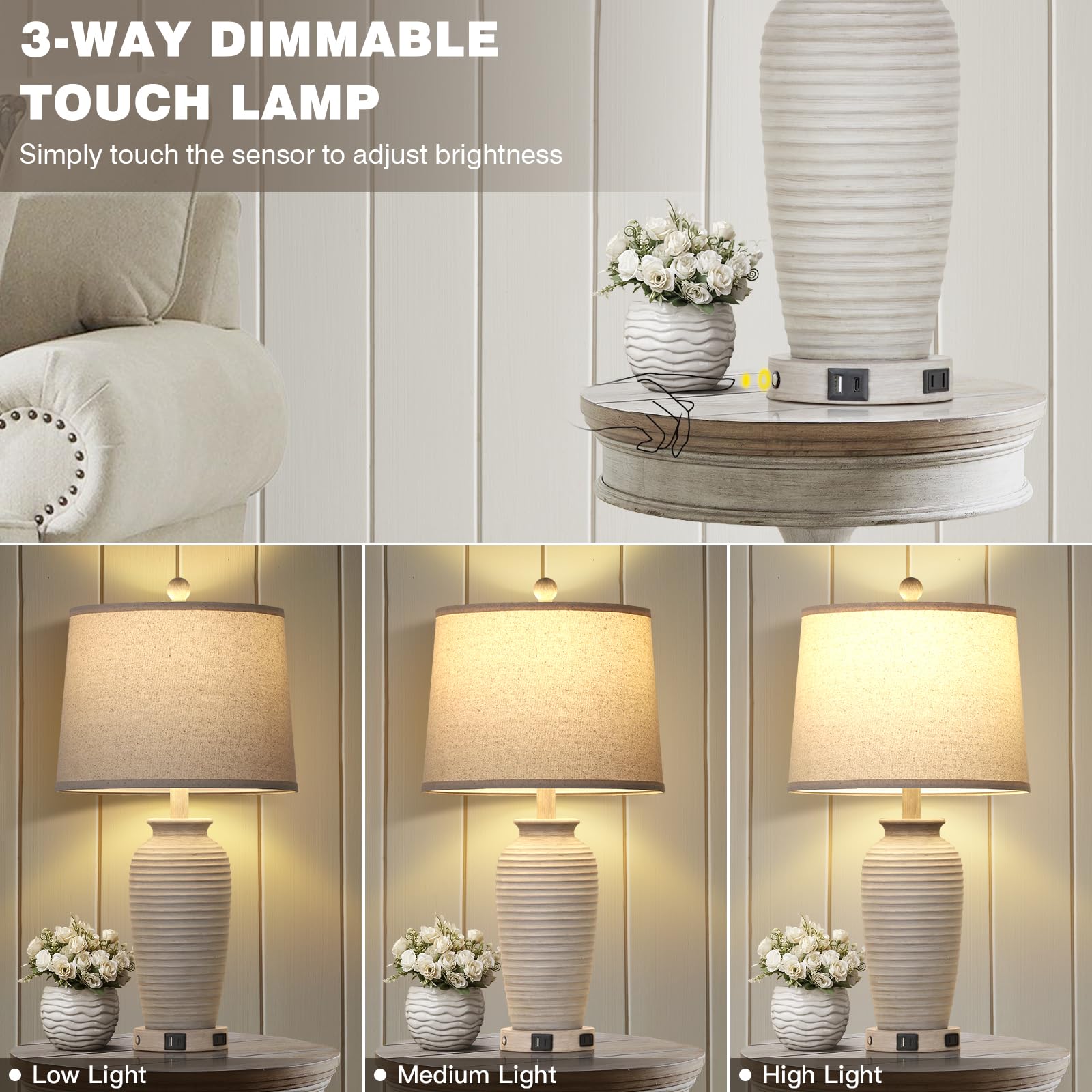 CINSARY 25" Farmhouse Jar Table Lamps Set of 2, Light Gray, Touch Control, USB Ports, AC Outlet, LED Bulbs Included