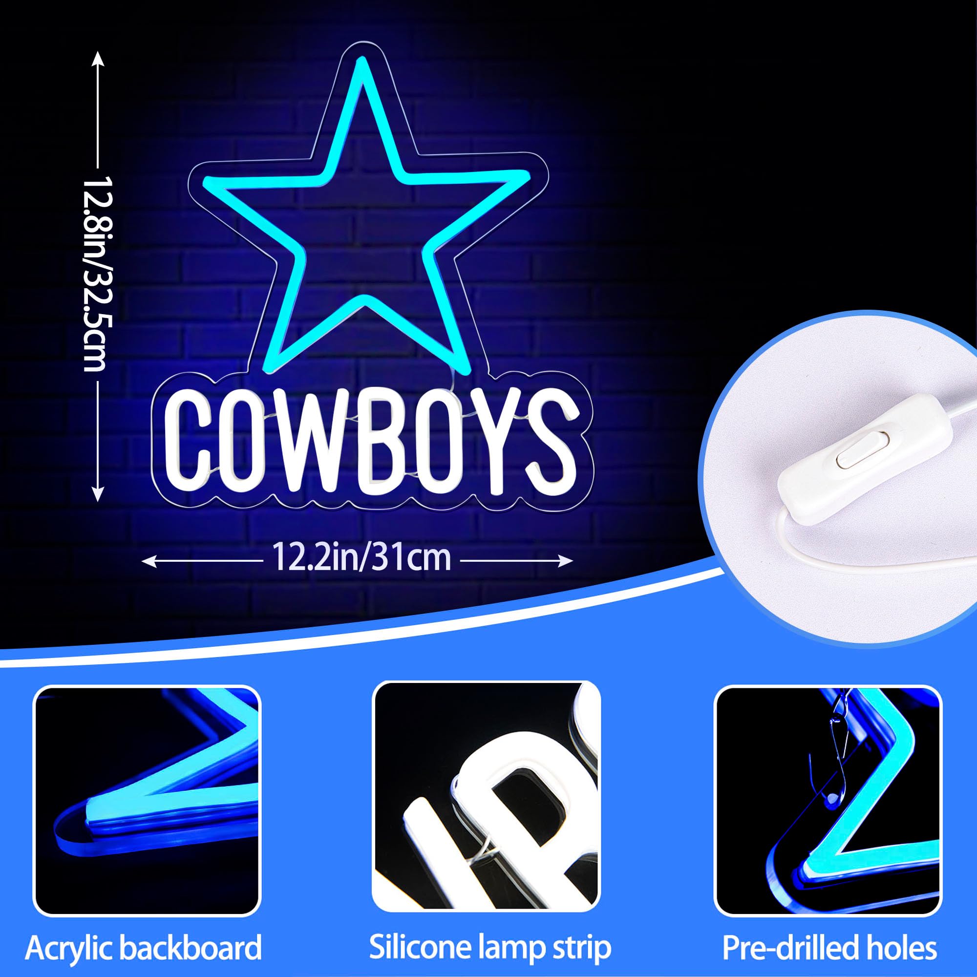 Brineon Football Neon Sign - Acrylic Wall Decor, 12.2x12.8in, Blue White-Cowboy, Model ZYLDFT5052, Perfect for Man Cave & Game