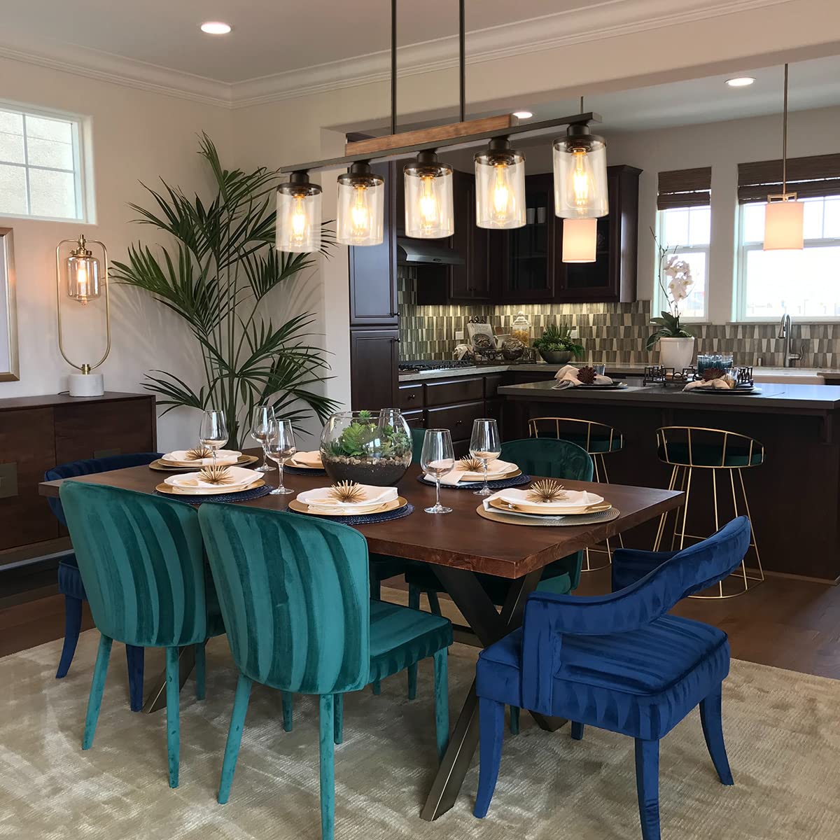 Feohak Dining Room Light Fixture,5-Light Kitchen Island Lighting Farmhouse Chandelier,Matte Black Metal Wood Industrial Pendant