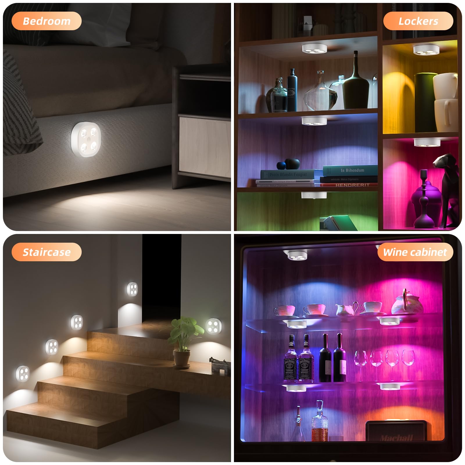 Lightbiz 3PCS Motion Sensor Step Light, Wireless Rechargeable Puck Lights, RGB Color, Model C930-3, Ideal for Closet and Hallway