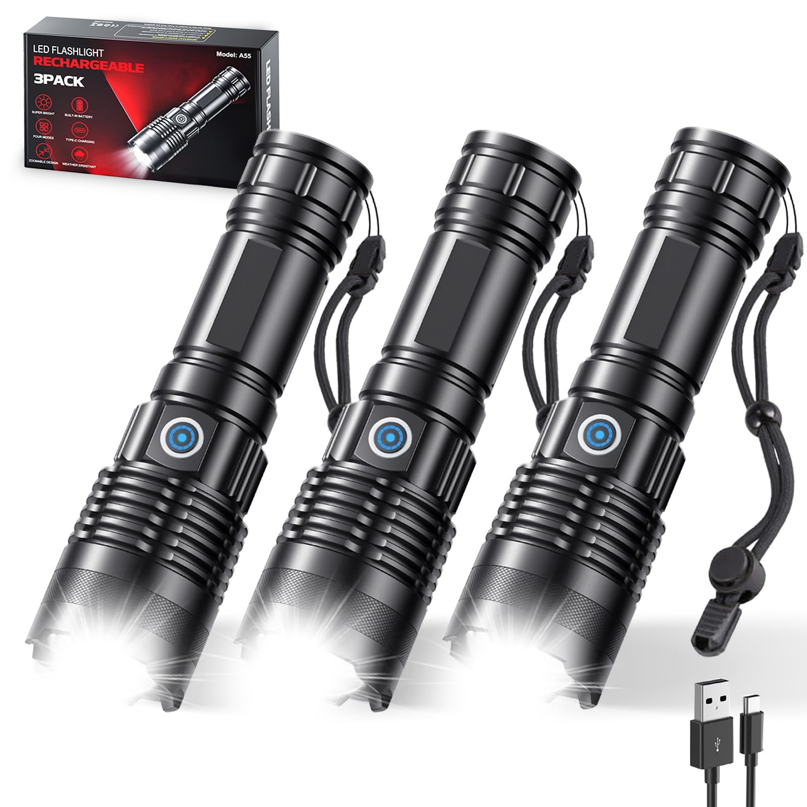 Rechargeable Flashlights High Lumens, 3 Pack Super Bright Tactical Flashlight With Adjustable Lighting Modes, Zoomable Handheld 