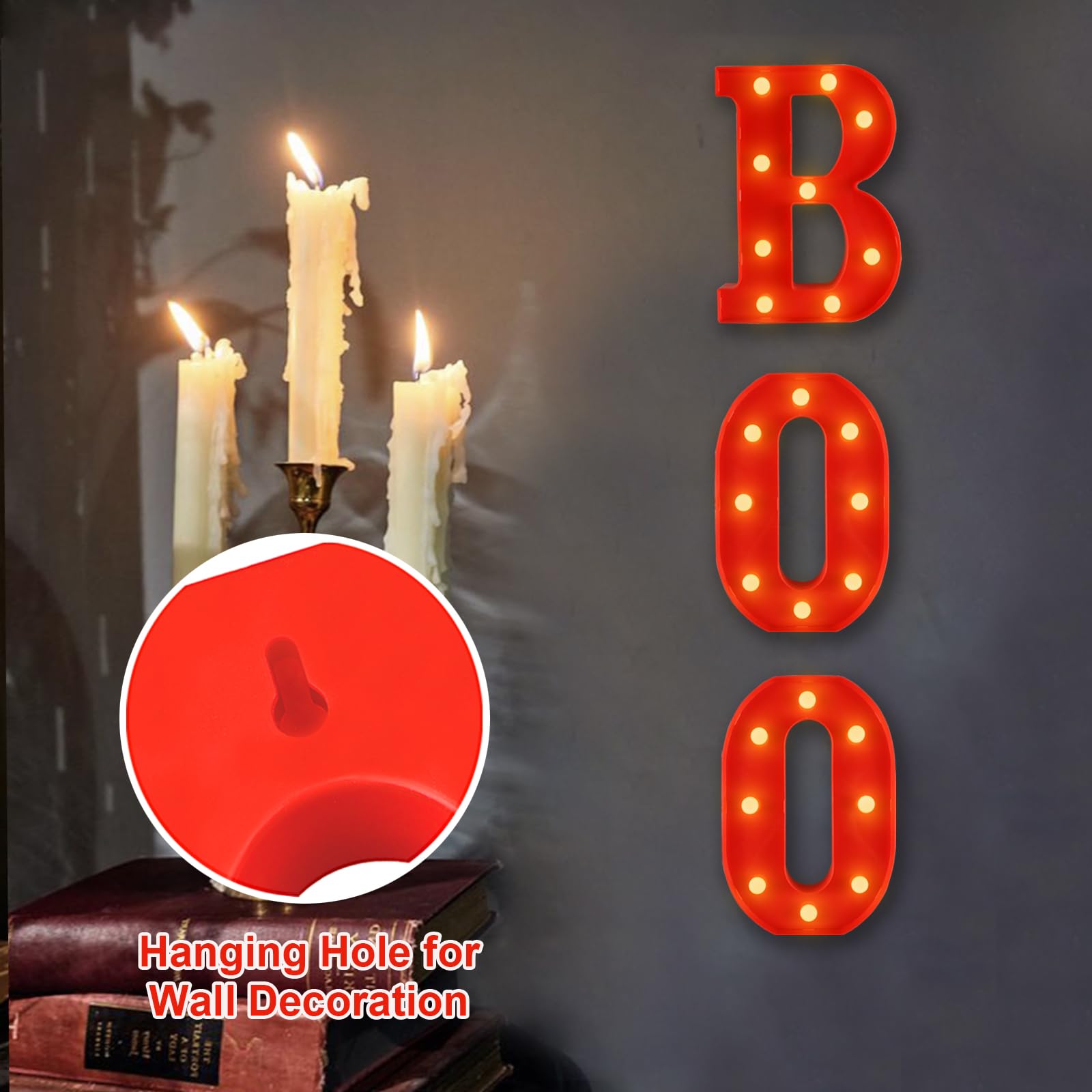 CESOF Boo Sign Light Up Halloween Decor, 8.5 Inch LED Marquee Letters, Battery Powered, Red Plastic, Model Halloween letters light-01
