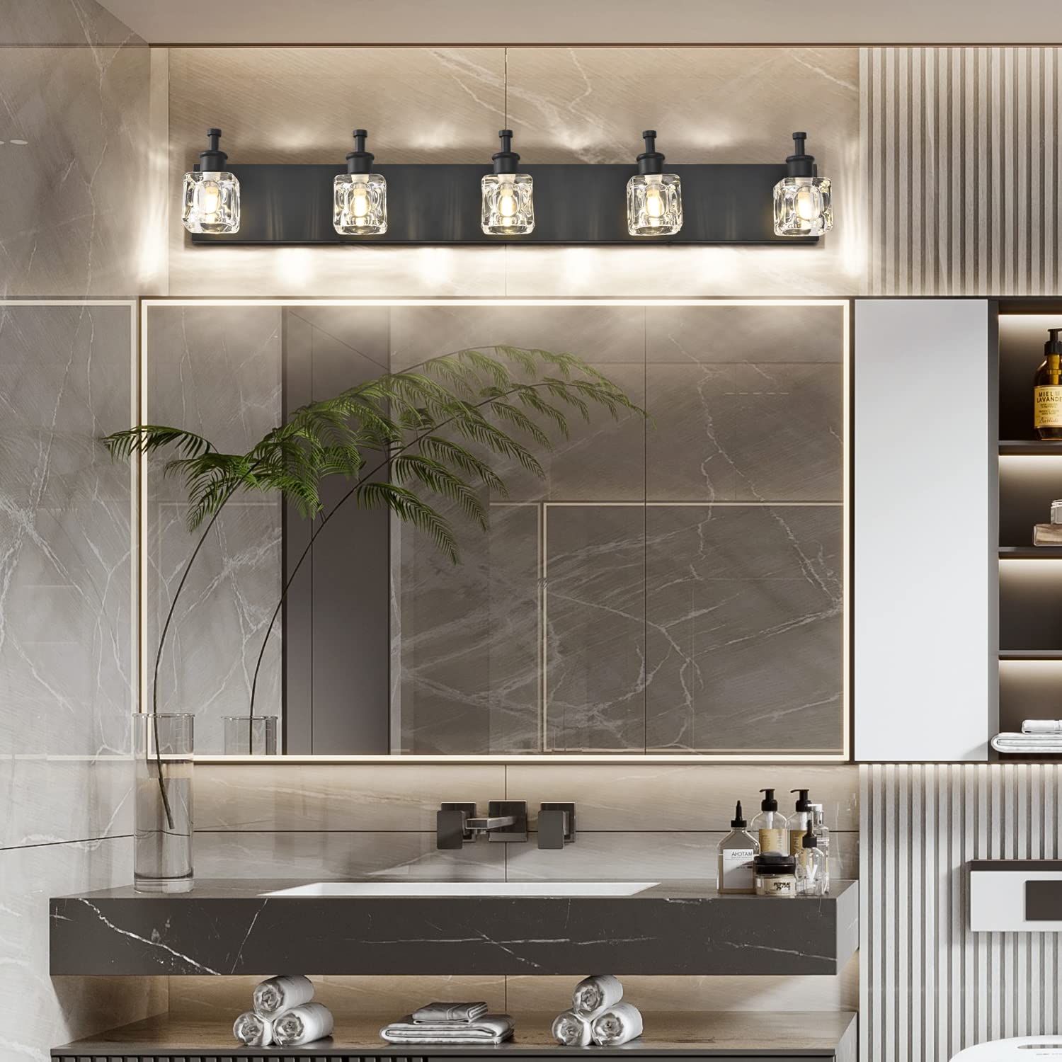 PRESDE Black Crystal Bathroom Vanity Light Fixture, 5-Lights, Metal Matt Black, Model HU-XI-201