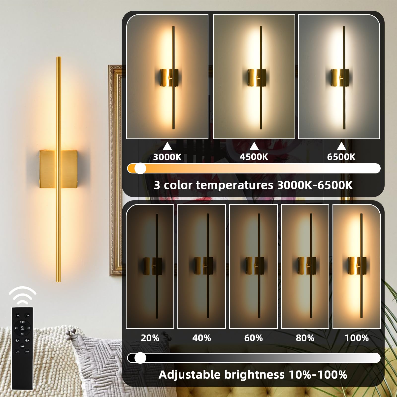 Battery Operated Wall Sconces Set Of 2, 16000Mah Brushed Gold Rechargeable Wall Sconce With Remote Control, 3000K-6000K Dimmable