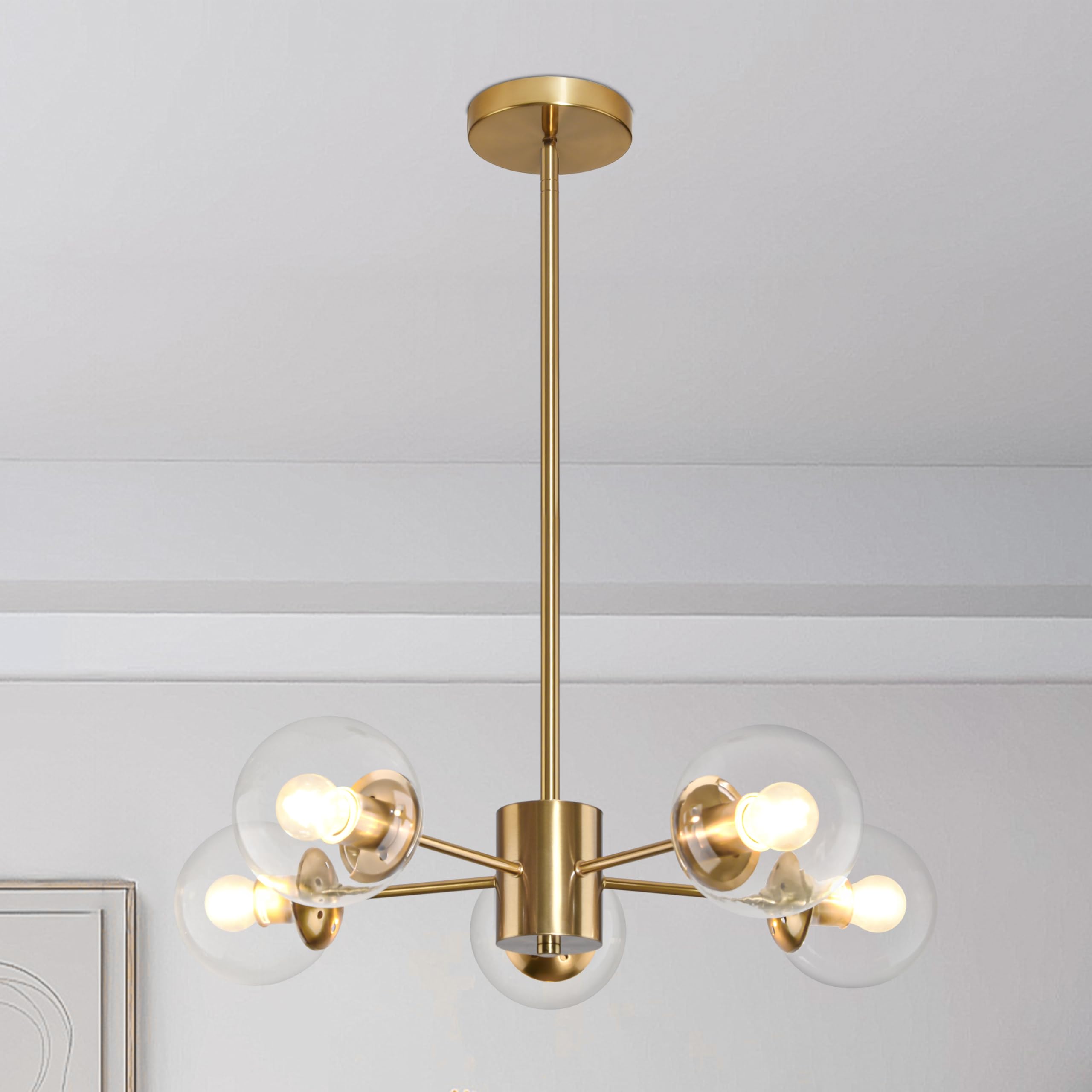 Bagood 5-Light Globe Sputnik Chandelier Gold Mid Century Sputnik Chandeliers Dimmable Globe Pendant Light Brushed Brass Finished